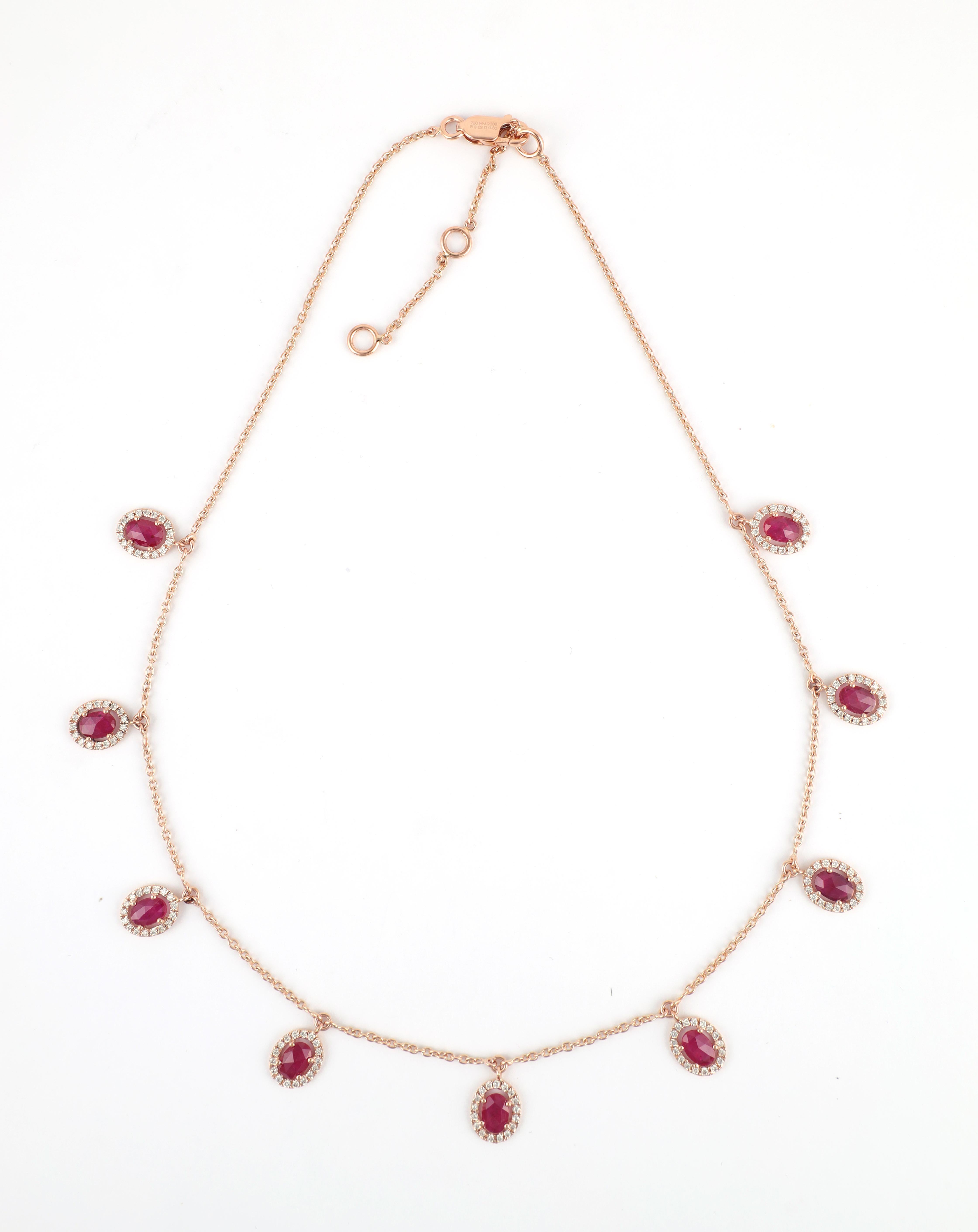 Ruby Chain Necklace in 18K Rose Gold studded with mix cut Ruby pieces.
Accessorize your look with this elegant Ruby chain necklace. This stunning piece of jewelry instantly elevates a casual look or dressy outfit. Comfortable and easy to wear, it is