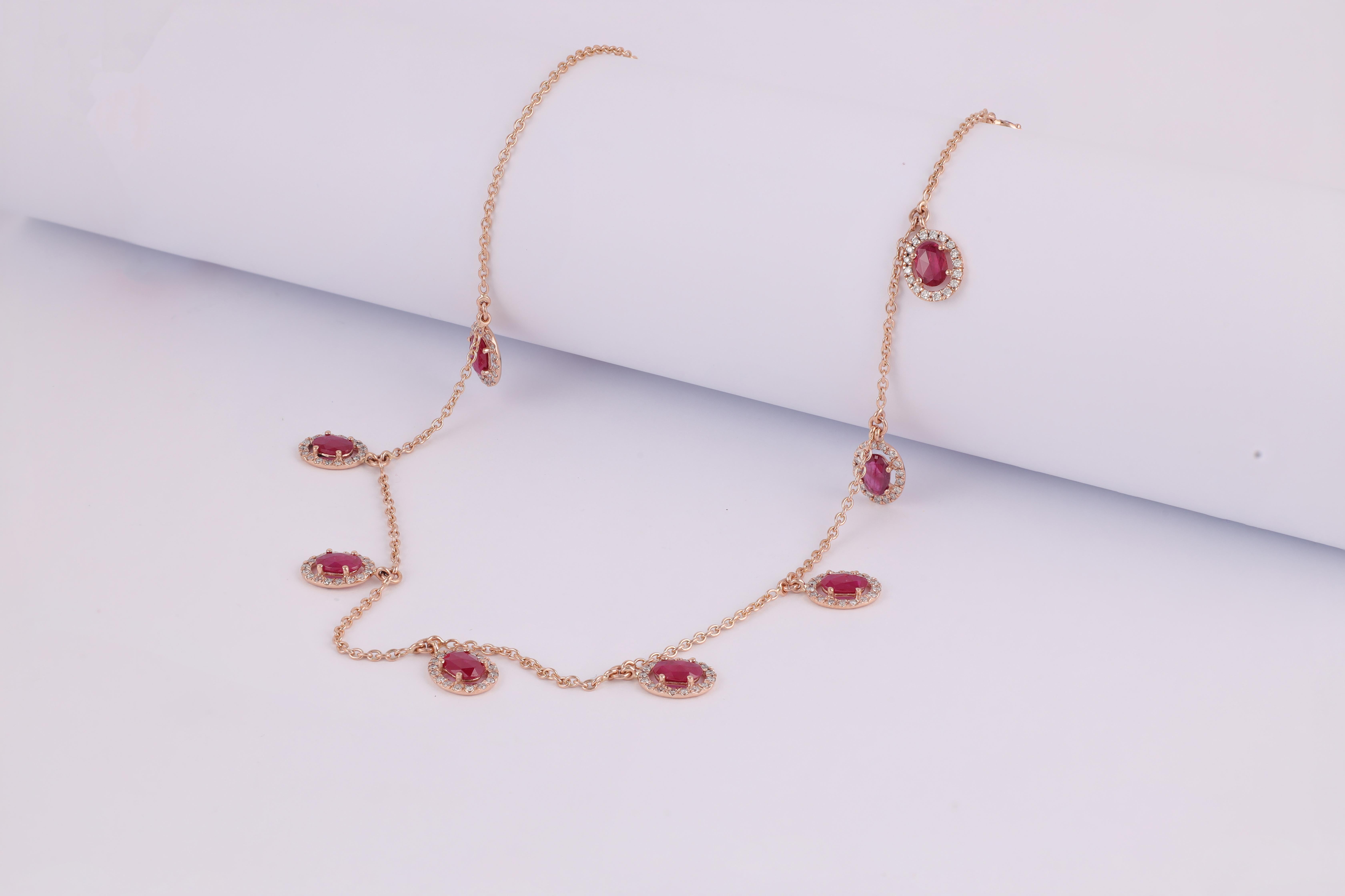 Modernist 3.02 Carats Ruby & 0.83 Carats Diamond Chain Necklace in 18k Rose Gold For Sale