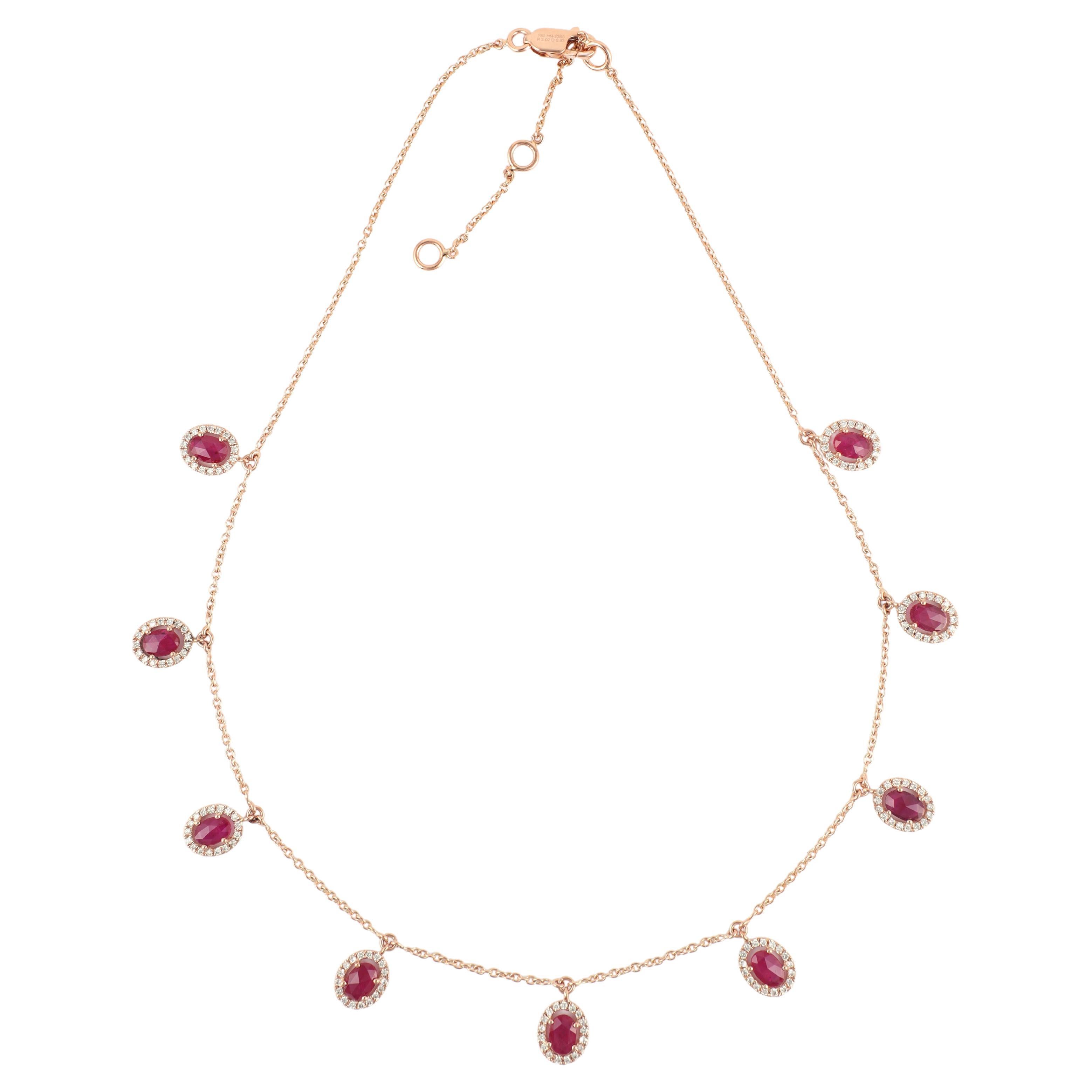 3.02 Carats Ruby & 0.83 Carats Diamond Chain Necklace in 18k Rose Gold