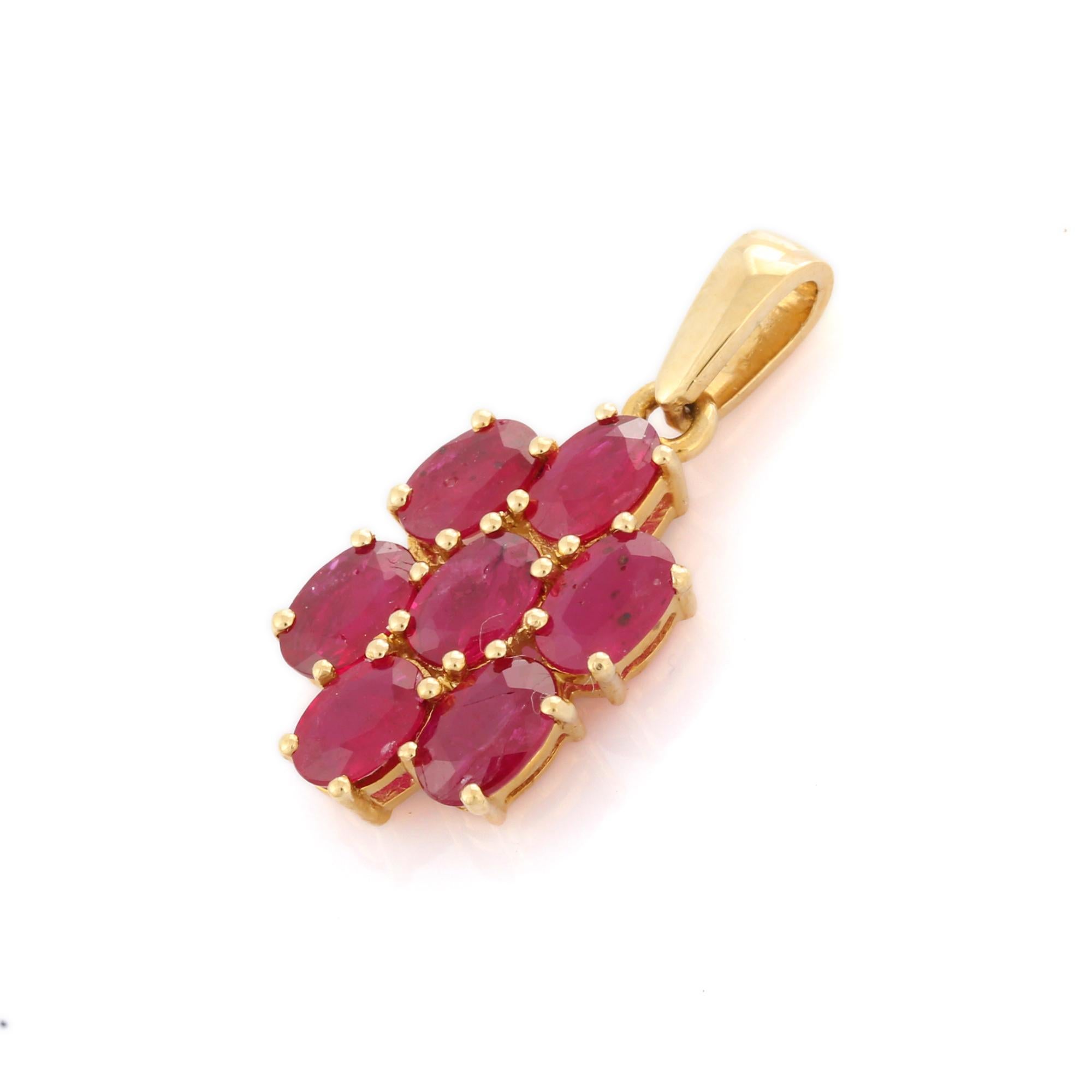 Alluring ruby flower pendant in 14K Gold. It has oval cut rubies that completes your look with a decent touch. Pendants are used to wear or gifted to represent love and promises. It's an attractive jewelry piece that goes with every basic outfit and
