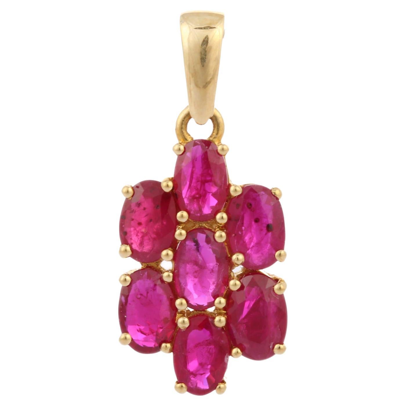 3.02 ct Alluring Oval Cut Ruby Flower Pendant in 14K Yellow Gold, Ruby Pendant For Sale