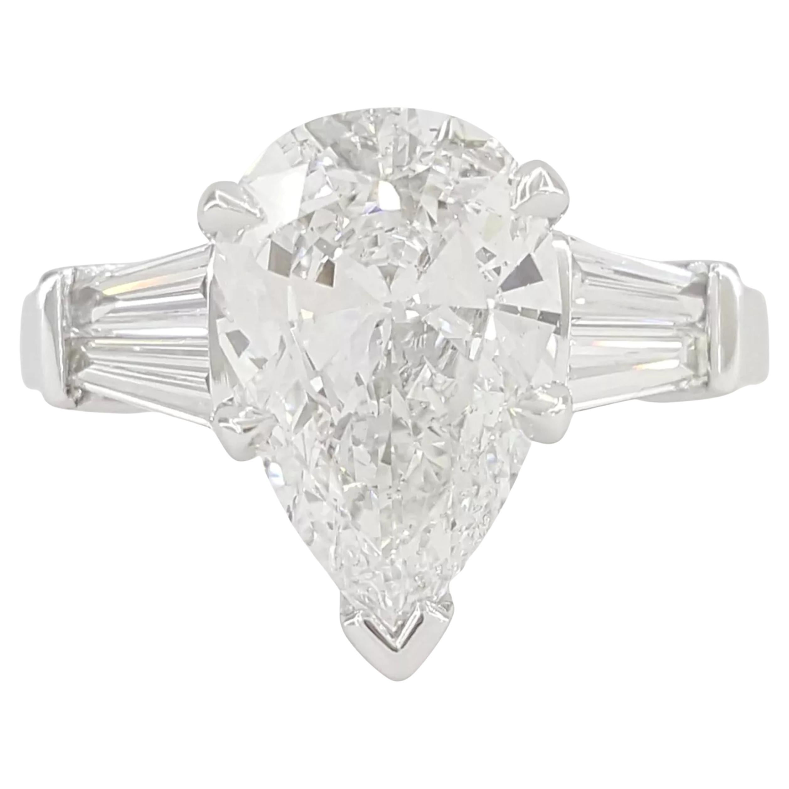 GIA Certified 2.01 Carat Pear Shape Diamond Platinum Ring with Tapered Baguette