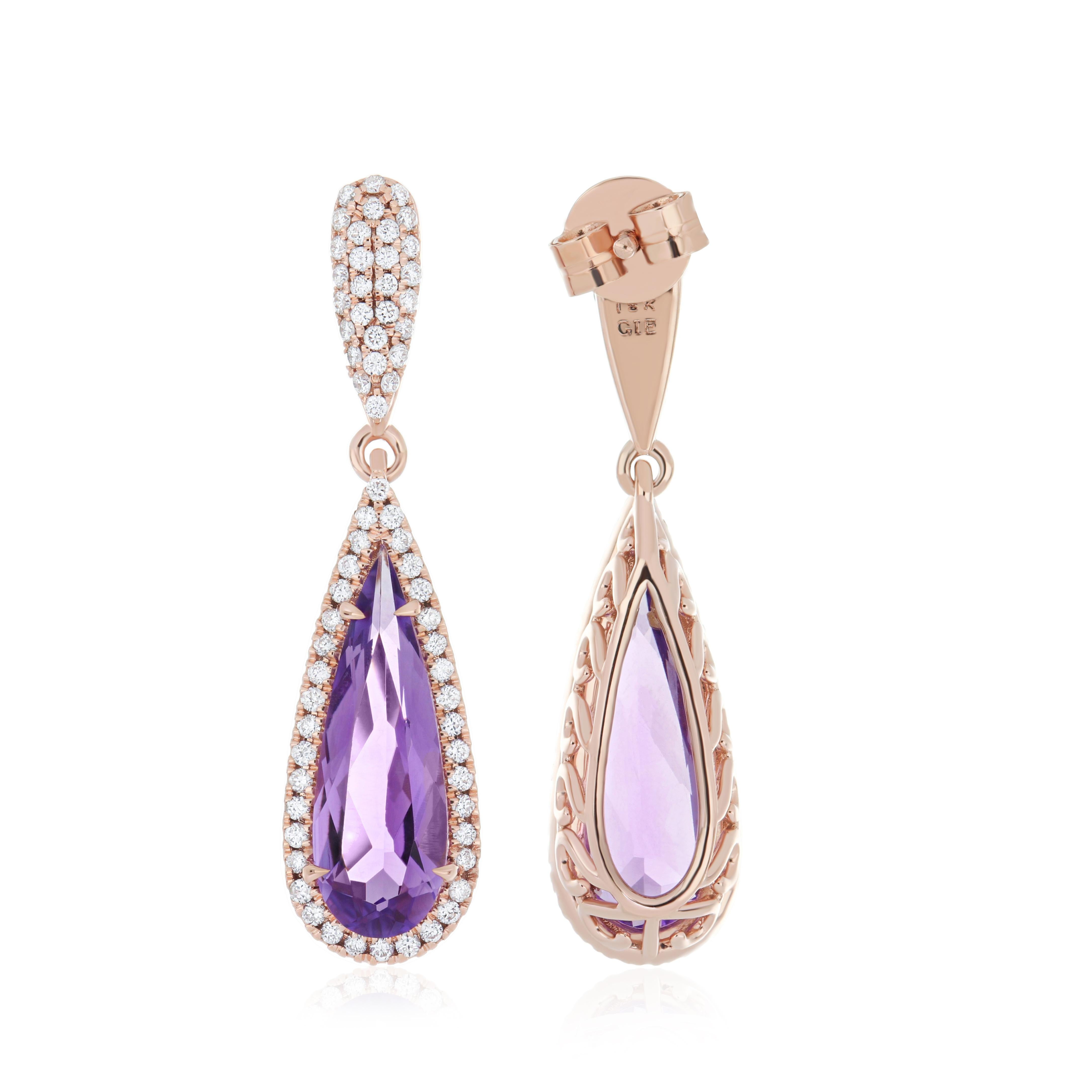 Moderno Orecchino con ametista e diamante a forma di pera da 3,02 carati in oro rosa 18k Regalo di anniversario in vendita