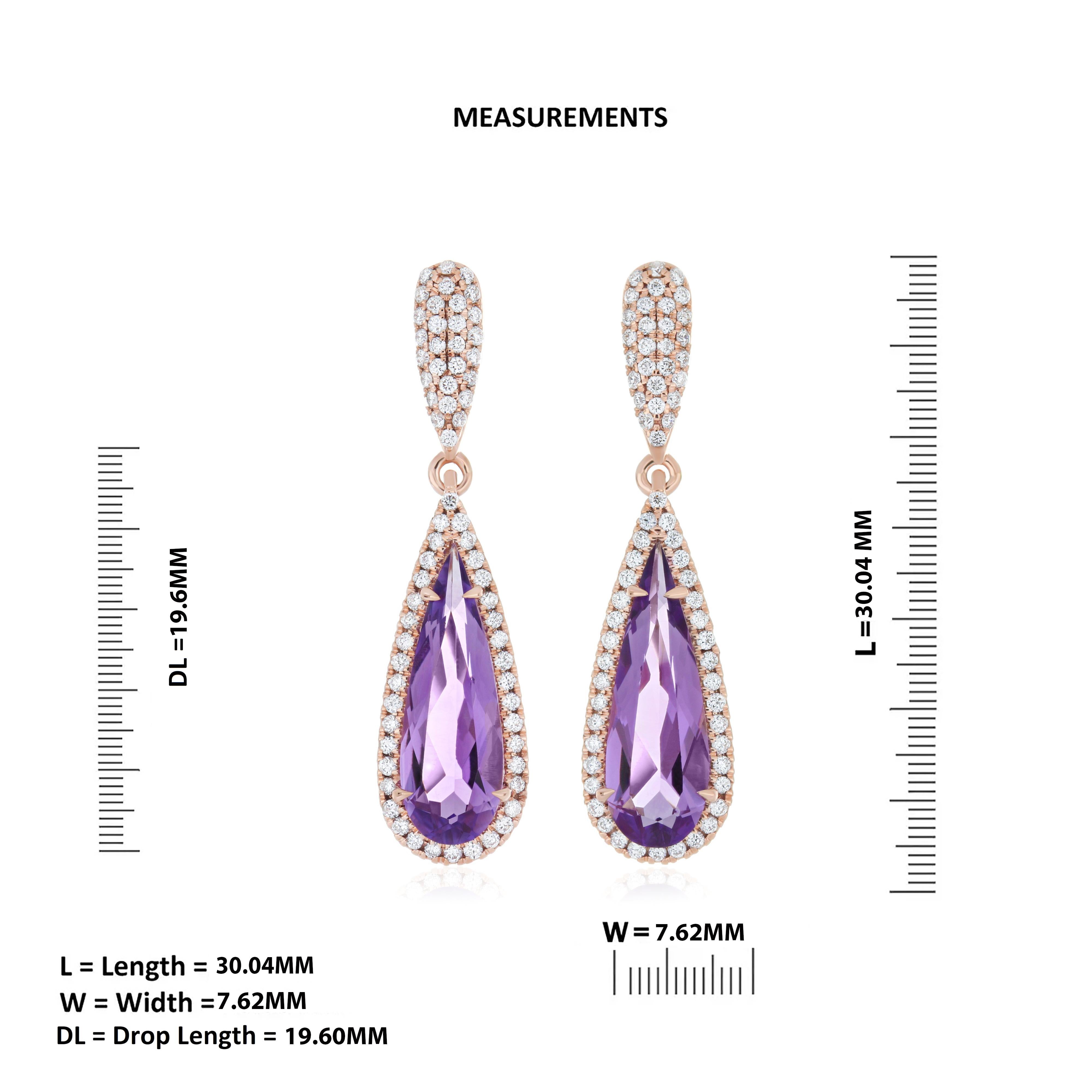 Donna Orecchino con ametista e diamante a forma di pera da 3,02 carati in oro rosa 18k Regalo di anniversario in vendita