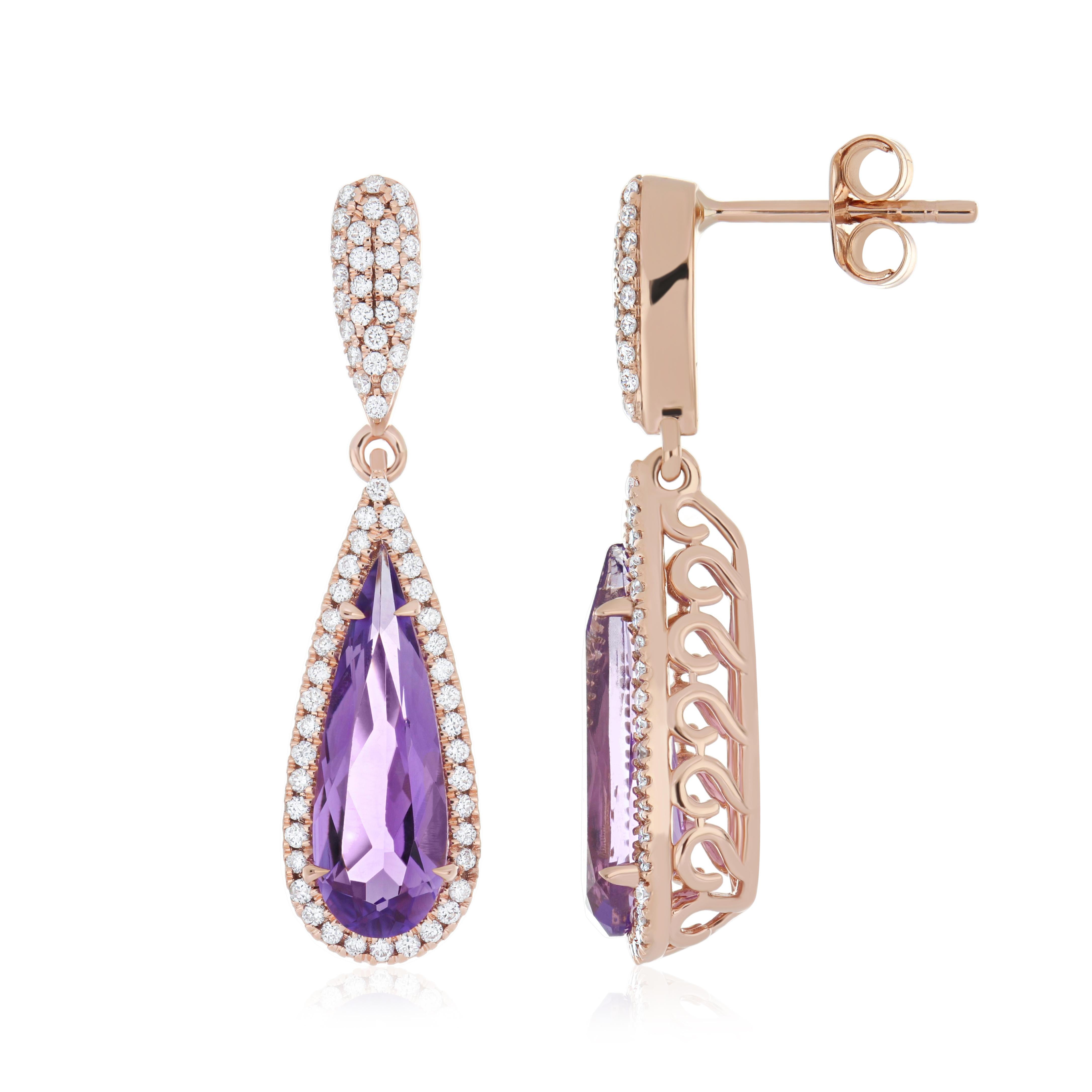Orecchino con ametista e diamante a forma di pera da 3,02 carati in oro rosa 18k Regalo di anniversario in vendita 2