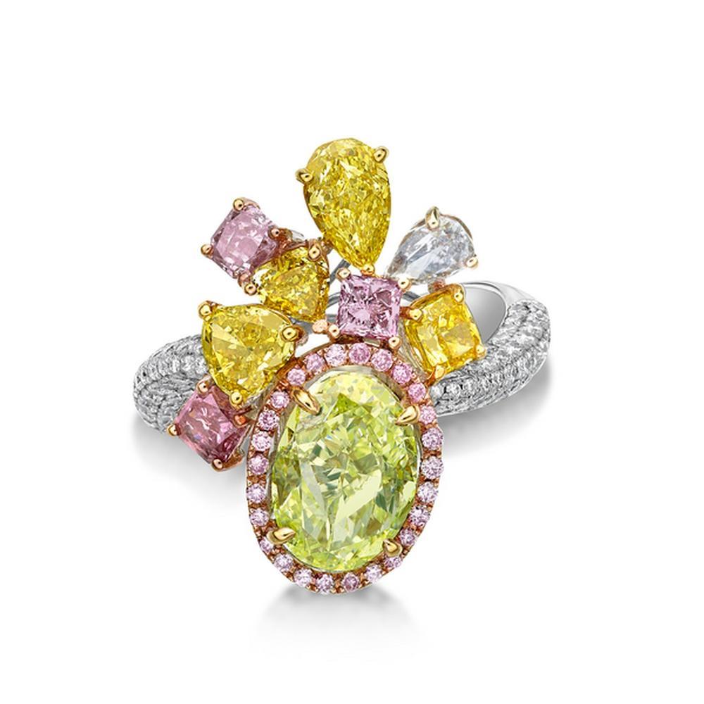 3.02 Intense Yellow-Green VS2 GIA Certified Natural Diamond Cocktail Ring

GIA # 2155957162 Stunning Green Diamond

Stunning collector's cocktail ring featuring a beautiful medley of natural pink, yellow, and white diamonds centered around a