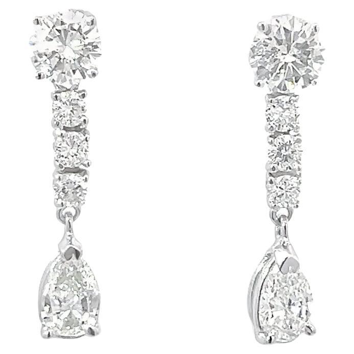3.02 Total Carat Weight Pear and Round Diamonds Drop Earrings in 14K White Gold For Sale