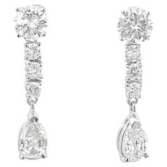 3.02 Total Carat Weight Pear and Round Diamonds Drop Earrings in 14K White Gold