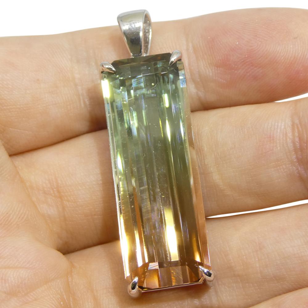 Women's or Men's 30.21ct Emerald Cut Pink & Bluish Green Tourmaline Pendant in 18k White Gold, GI For Sale
