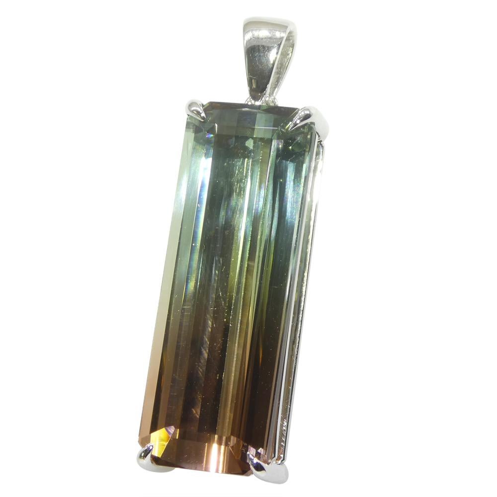 30.21ct Emerald Cut Pink & Bluish Green Tourmaline Pendant in 18k White Gold, GI For Sale 2