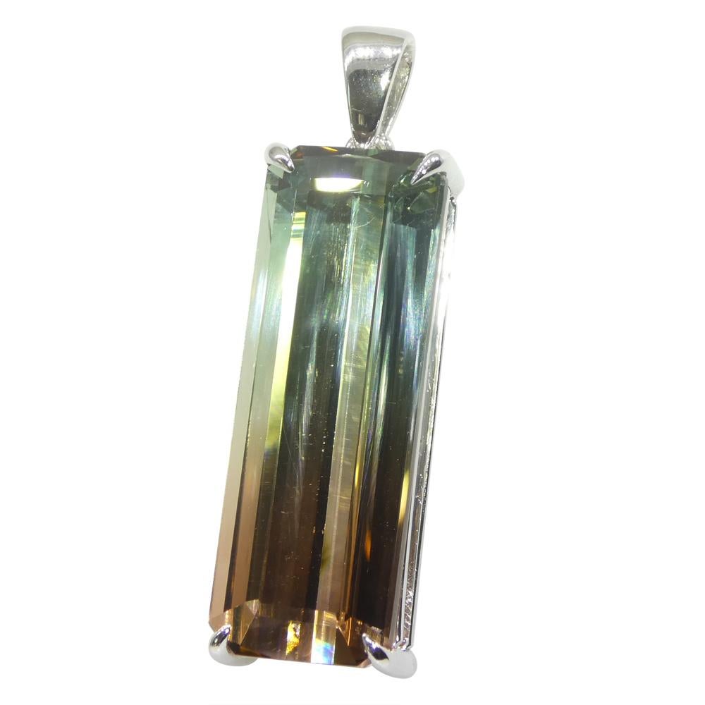 30.21ct Emerald Cut Pink & Bluish Green Tourmaline Pendant in 18k White Gold, GI For Sale 3