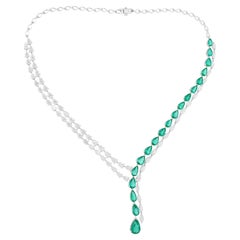 30.26TCW Pear Diamond & Emerald Y-Shaped Drop Wedding Necklace 18k White Gold