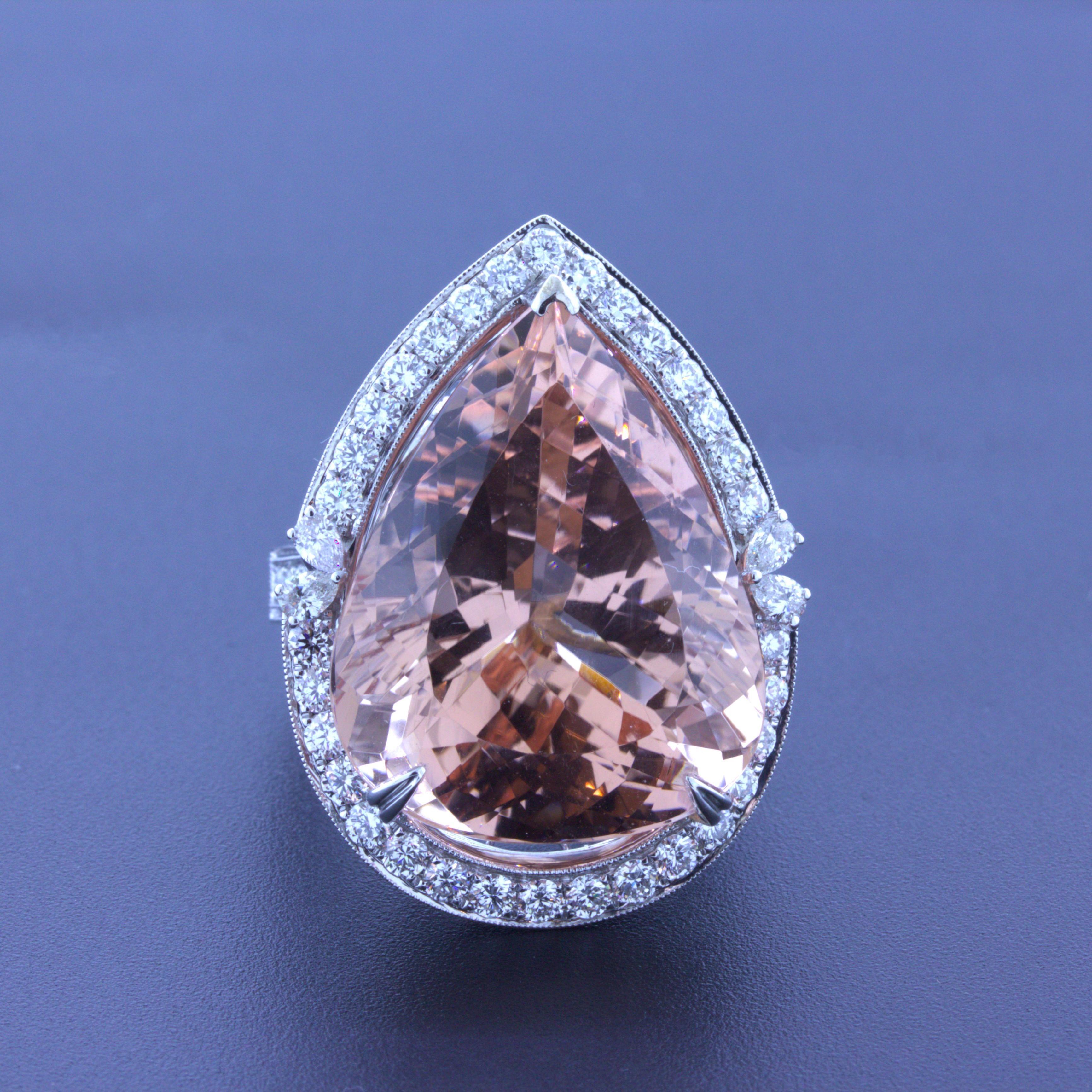 Pear Cut 30.27 Carat Morganite Diamond 18k White Gold Cocktail Ring For Sale