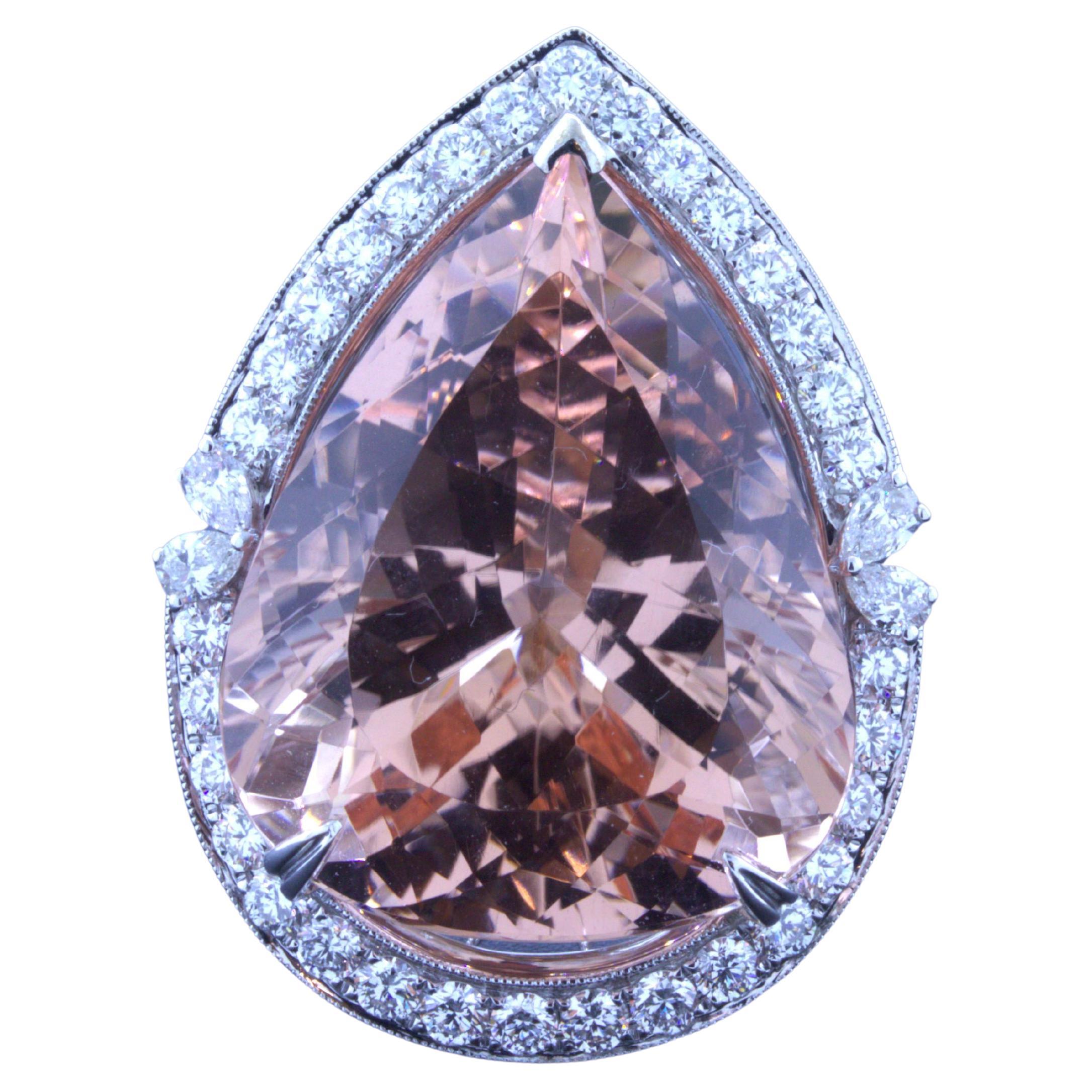 30.27 Carat Morganite Diamond 18k White Gold Cocktail Ring For Sale
