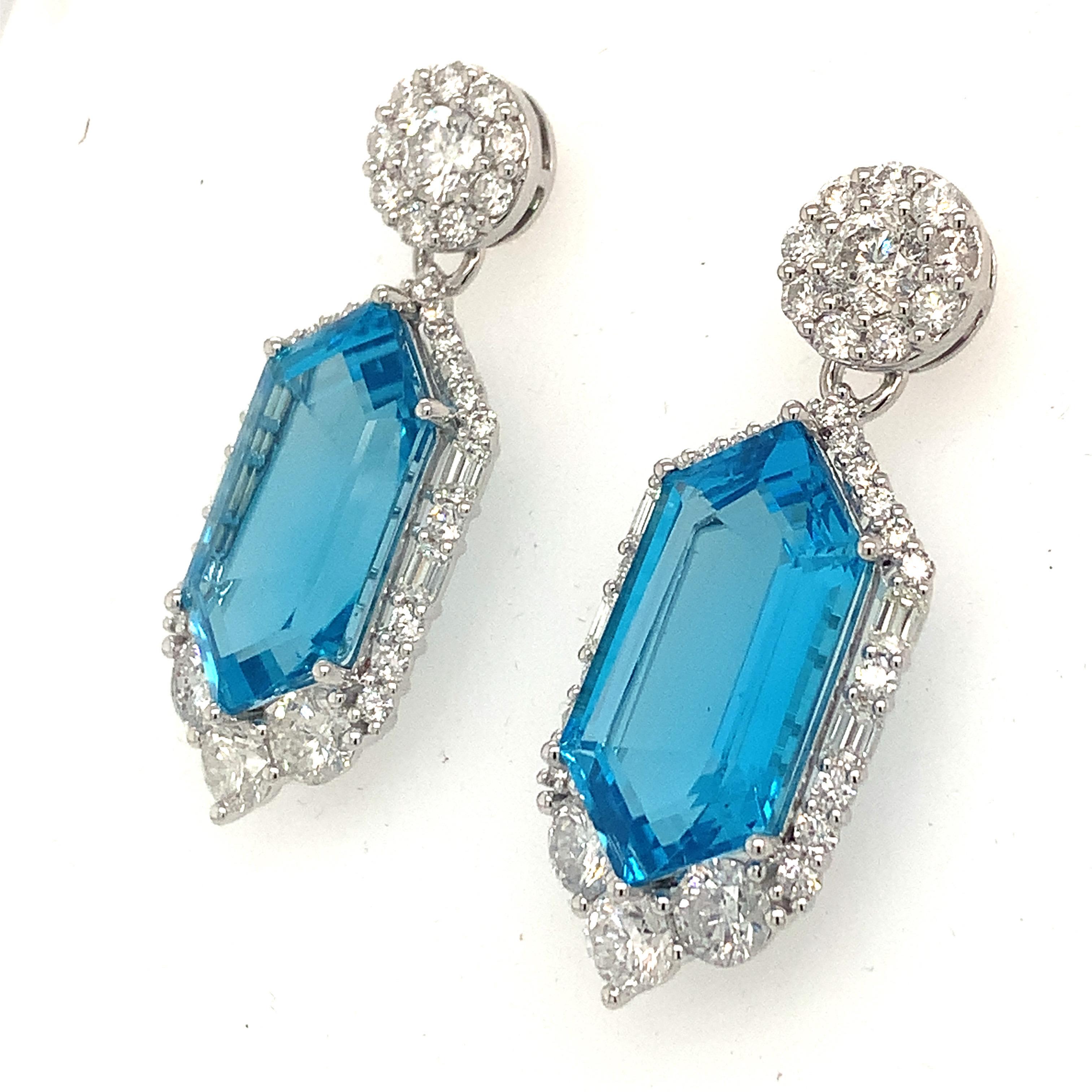 Artisan 30.29 Carat Blue Topaz Diamond Dangle Earrings 