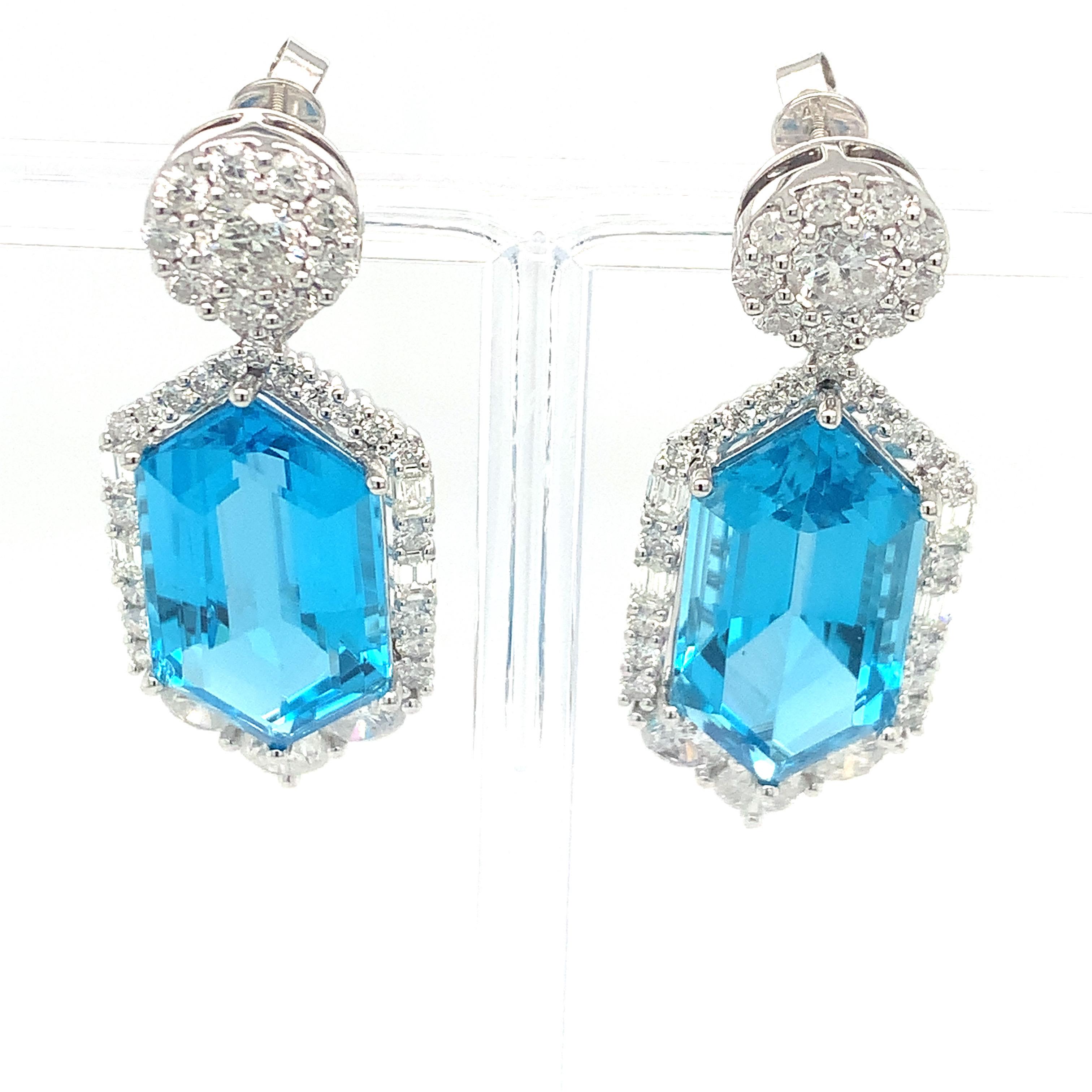 Hexagon Cut 30.29 Carat Blue Topaz Diamond Dangle Earrings 