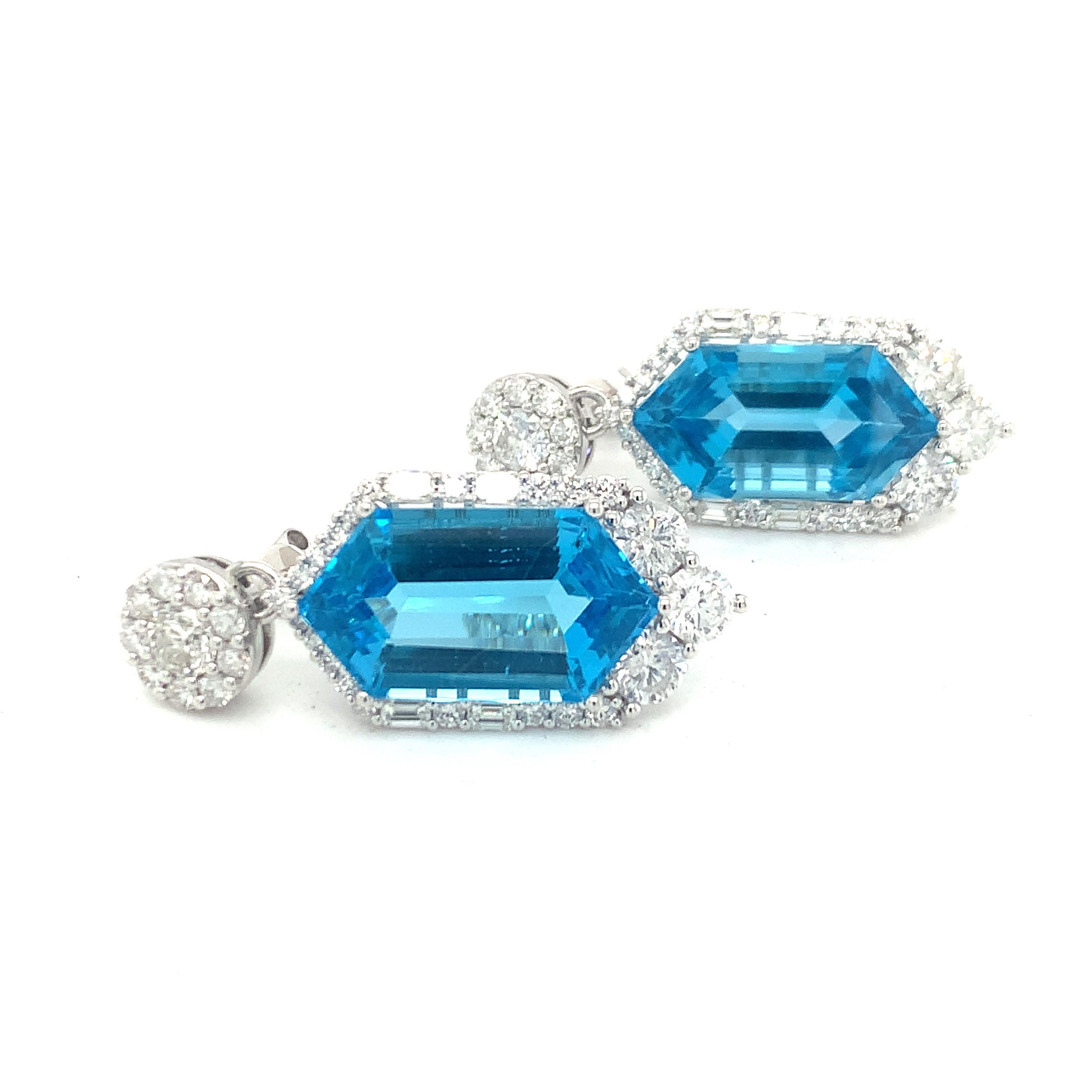 30.29 Carat Blue Topaz Diamond Dangle Earrings  In New Condition In Trumbull, CT