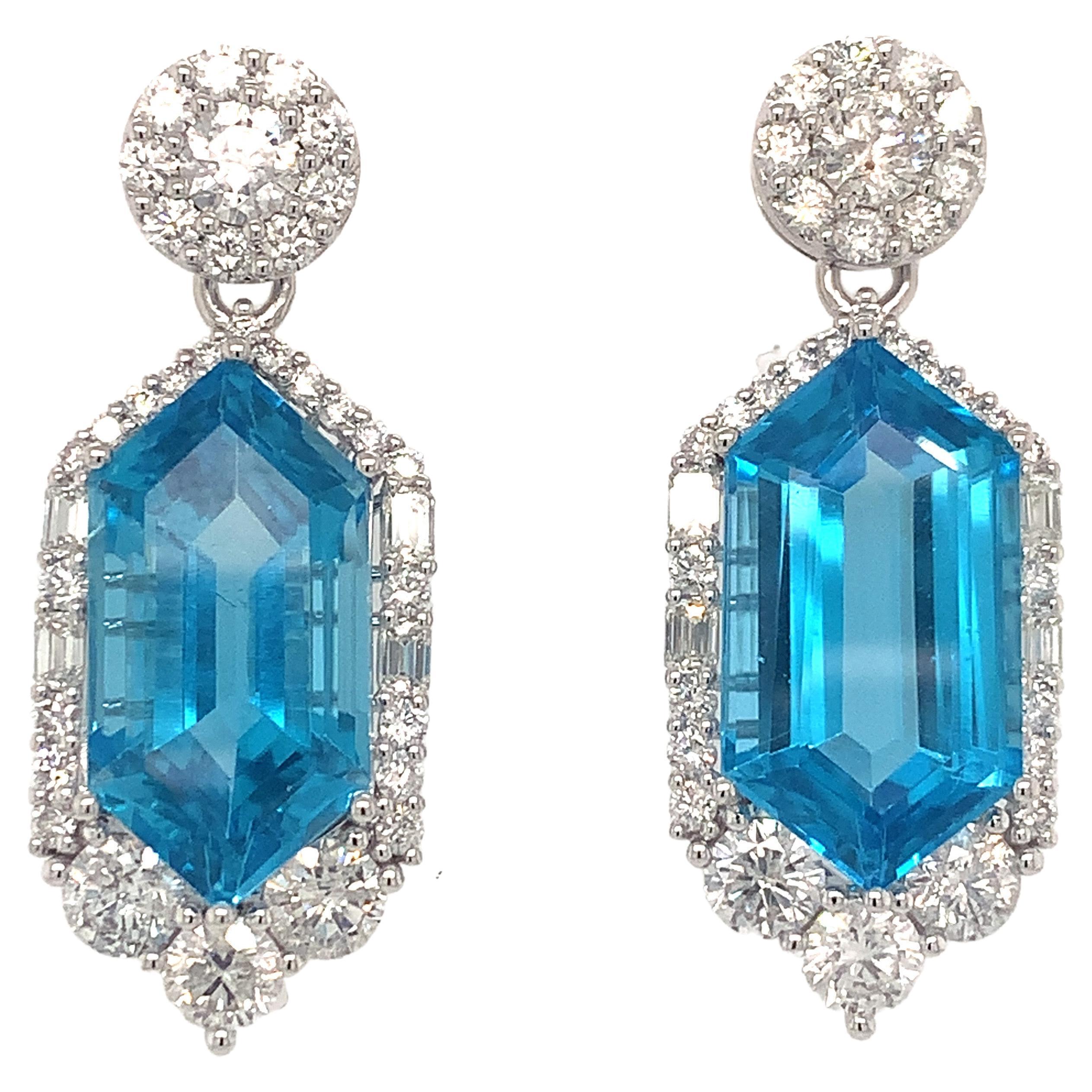 30.29 Carat Blue Topaz Diamond Dangle Earrings 