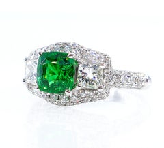 3.02 Carat AGL Natural No-Heat Tsavorite Cushion & Princess Diamond 3-Stone Ring