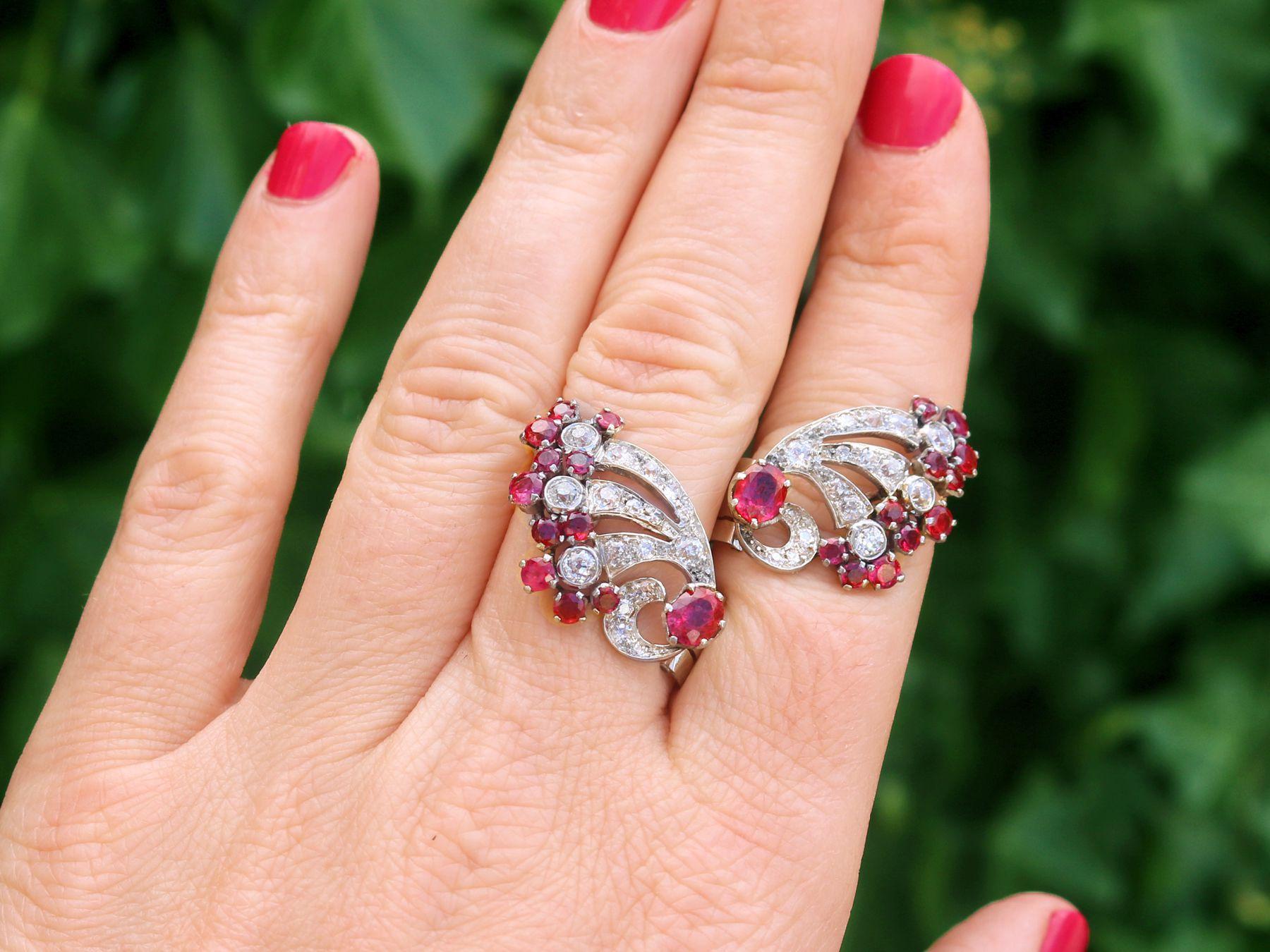 A stunning, fine and impressive pair of antique 3.02 carat Burmese ruby and 2.10 carat diamond, platinum and 9 karat white gold clip on earrings; part of our diverse antique jewellery and estate jewelry collections

These stunning, fine and