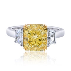 3.02ct Fancy Yellow Radiant Cut Three Stone Diamond Engagement Ring