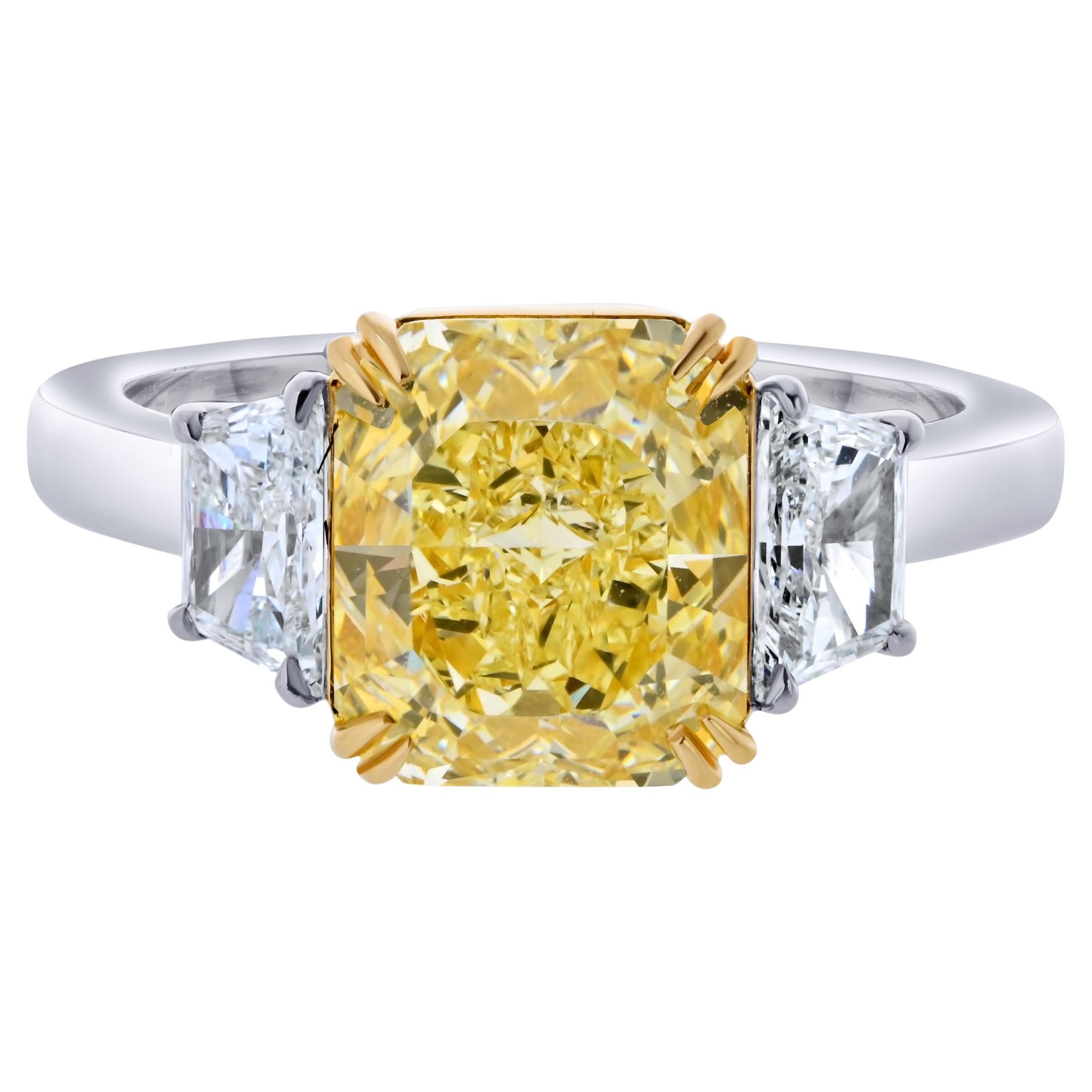 3.02ct Fancy Yellow Radiant Cut Three Stone Diamond Engagement Ring