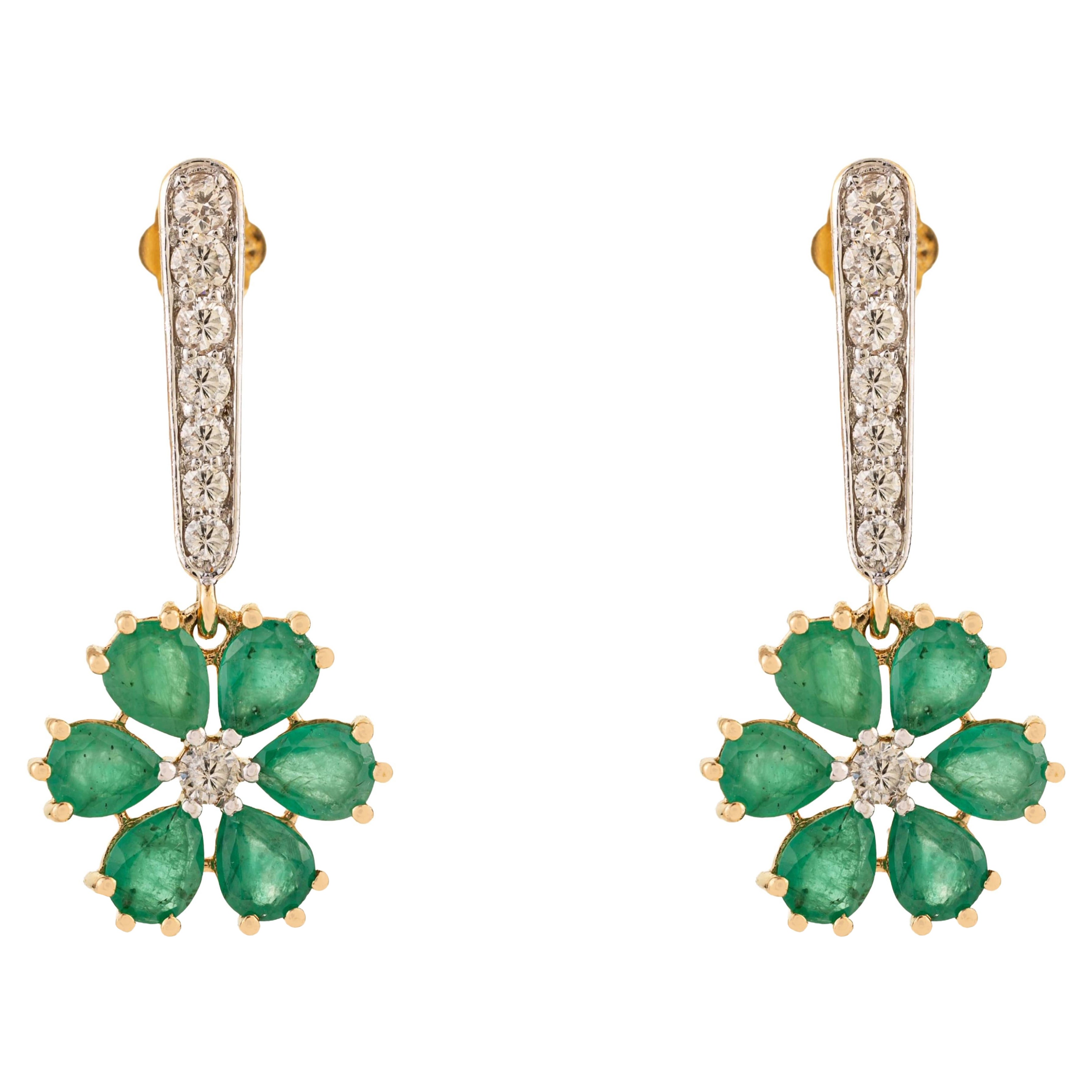 3.02Ct Floral Emerald 
Diamond Dangle Ears in 18K Yellow Gold Gift for Her