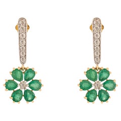 3.02Ct Floral Emerald 
Diamond Dangle Ears in 18K Yellow Gold Gift for Her