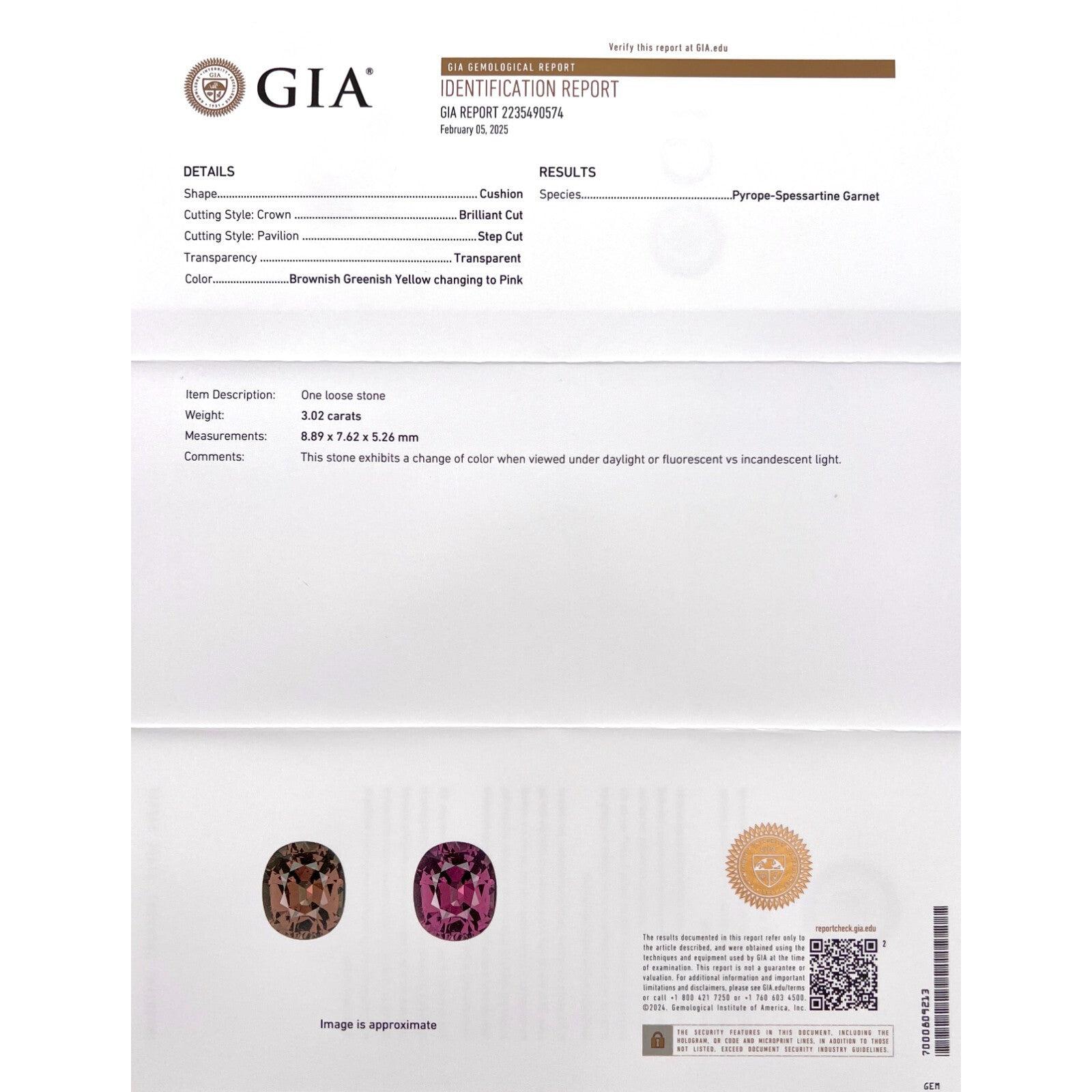 3,02 ct GIA Certificato Garnet Colour Change Nature Taglio Ovale Piropo Spessartine

Unica gemma di granato non trattata certificata GIA che cambia colore.
Granato da 3.02 carati non trattato con un raro effetto di cambiamento di colore. Cambia