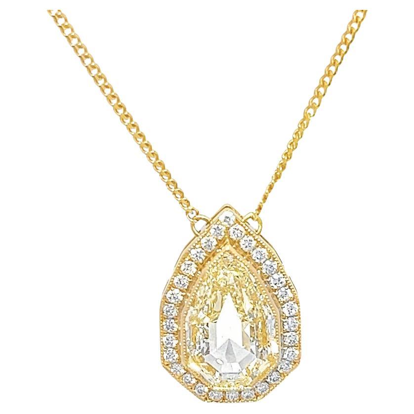 3.02CT Modified Pear Step Cut Yellow Art Deco Pendant, Set in 18KY, GIA For Sale