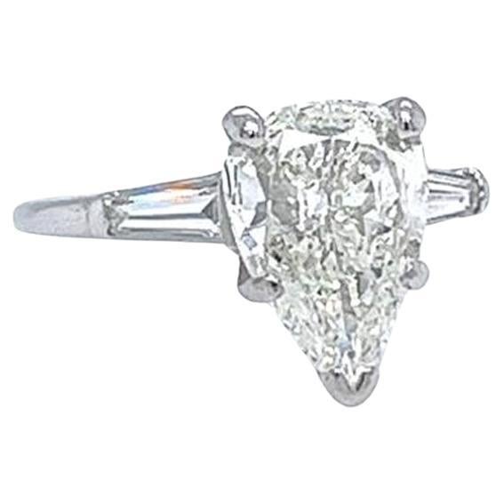 3.02ct Natural Pear Shape Diamond Ring with 0.35ct Baguettes Diamonds Platinum