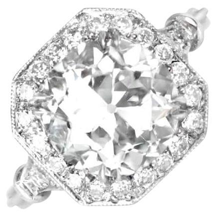Verlobungsring aus Platin mit 3,02 Karat Diamant im alteuropäischen Schliff und Diamant-Halo