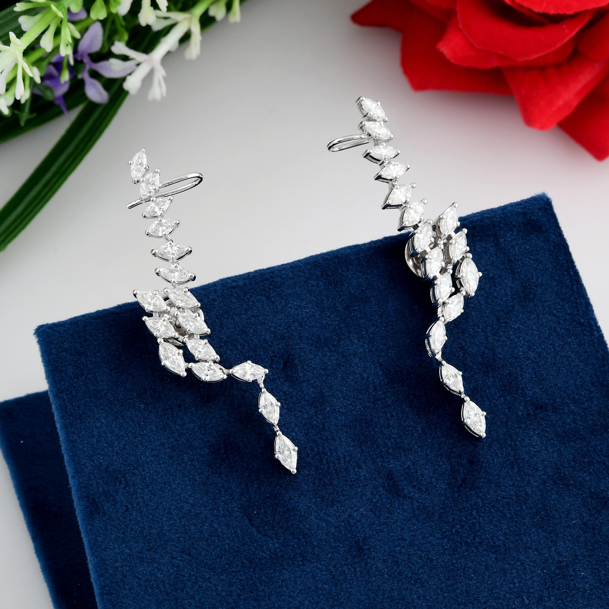 Taille Marquise 3.02Ct SI/H Marquise Diamond Ear Climber Earrings 18 Karat White Gold Jewelry en vente