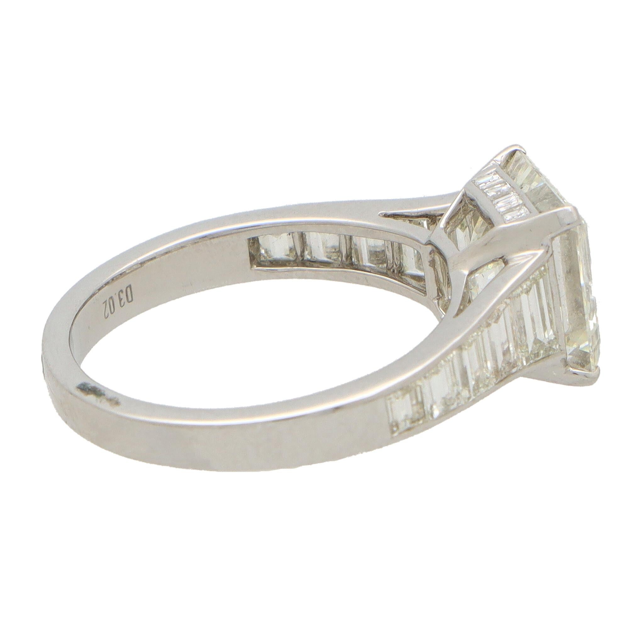 Art Deco 3.02ct Square Emerald Cut Diamond Ring with Baguette Shoulders in Platinum For Sale