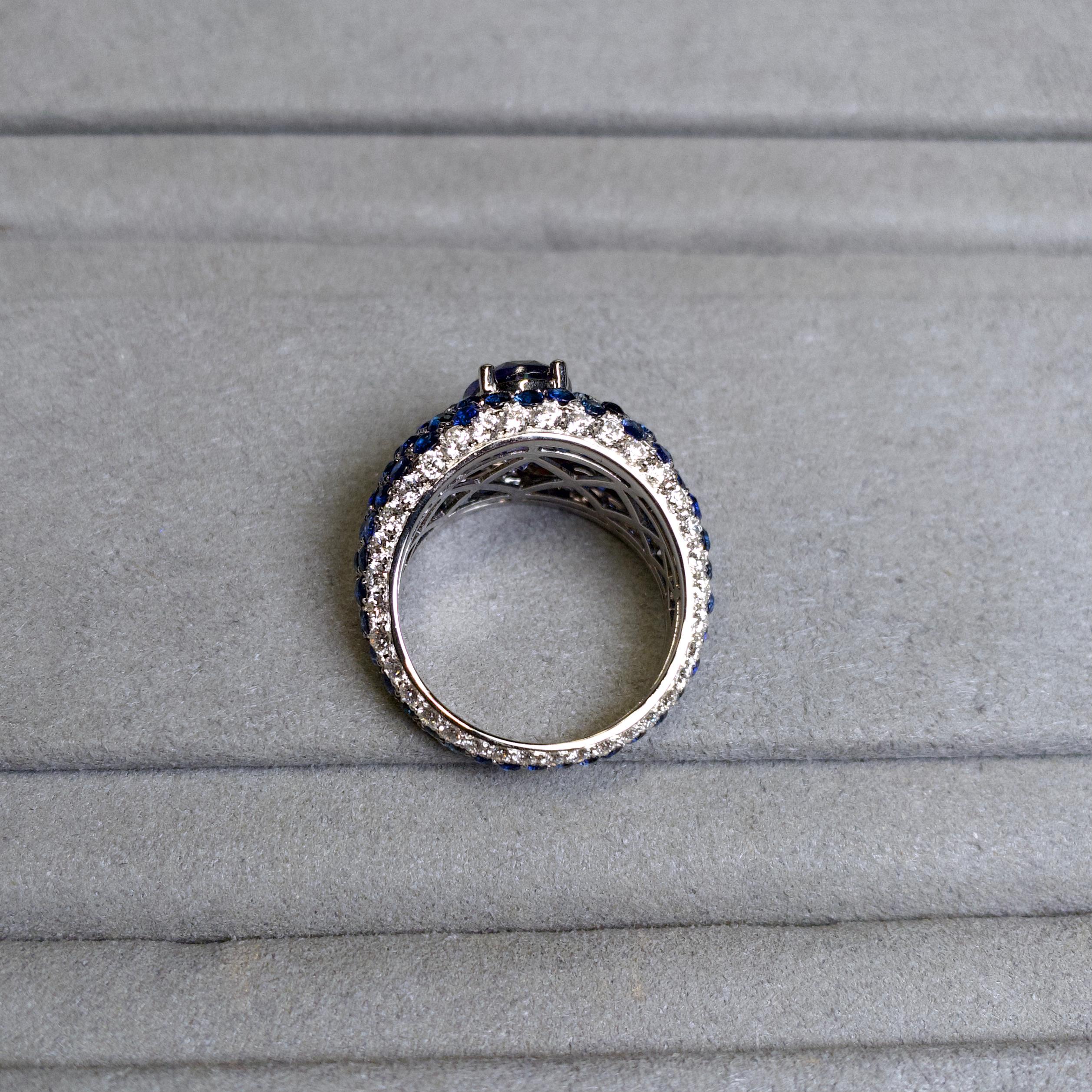 Brilliant Cut Eostre Tanzanite , Blue Sapphire And Diamond Ring in 18K White Gold For Sale