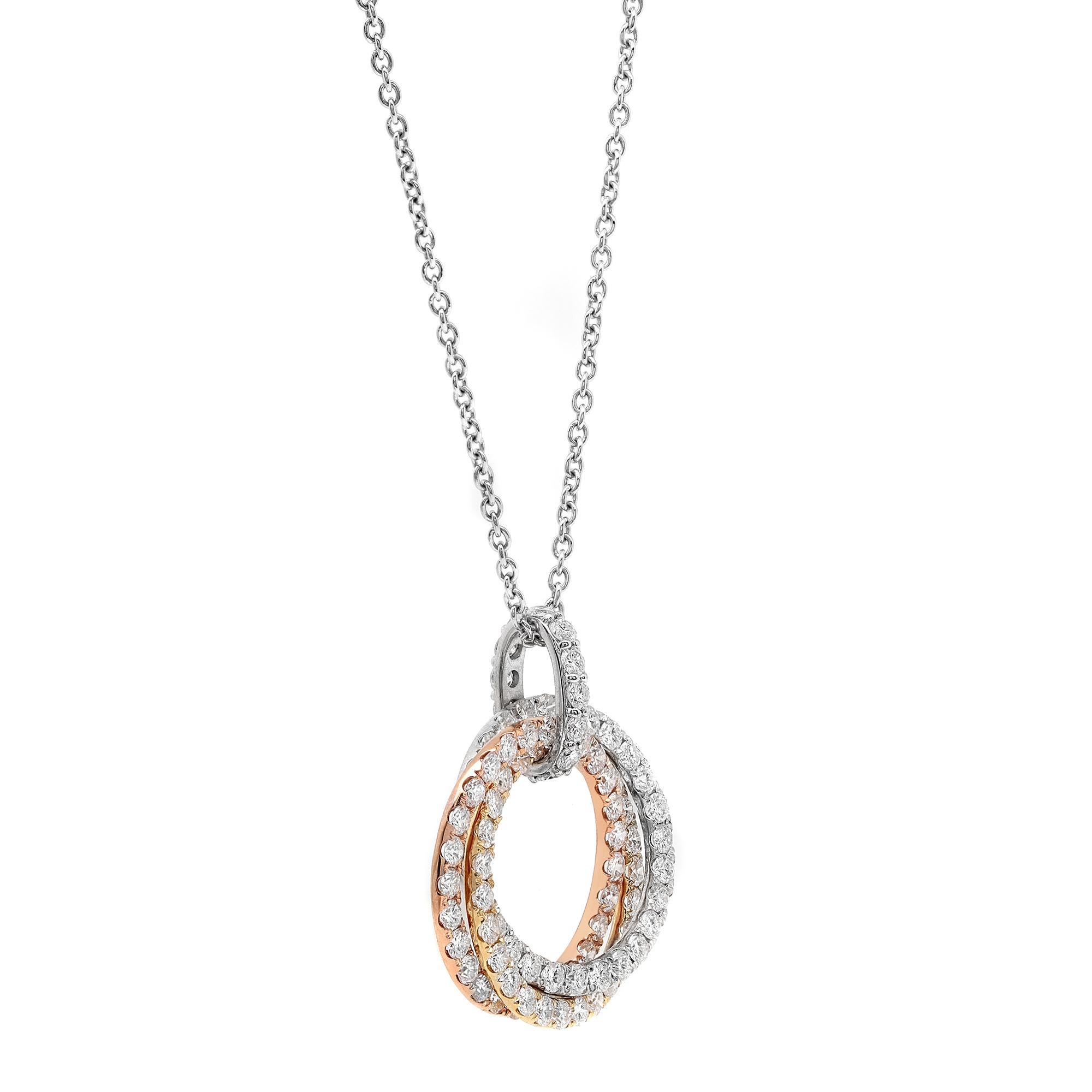 Fabulous and dramatic, this dazzling diamond multi rings pendant necklace is a perfect accent to every day and evening looks. It features round brilliant cut diamonds weighing 3.02 carats set in three circle shaped cut out rings pendant, crafted in