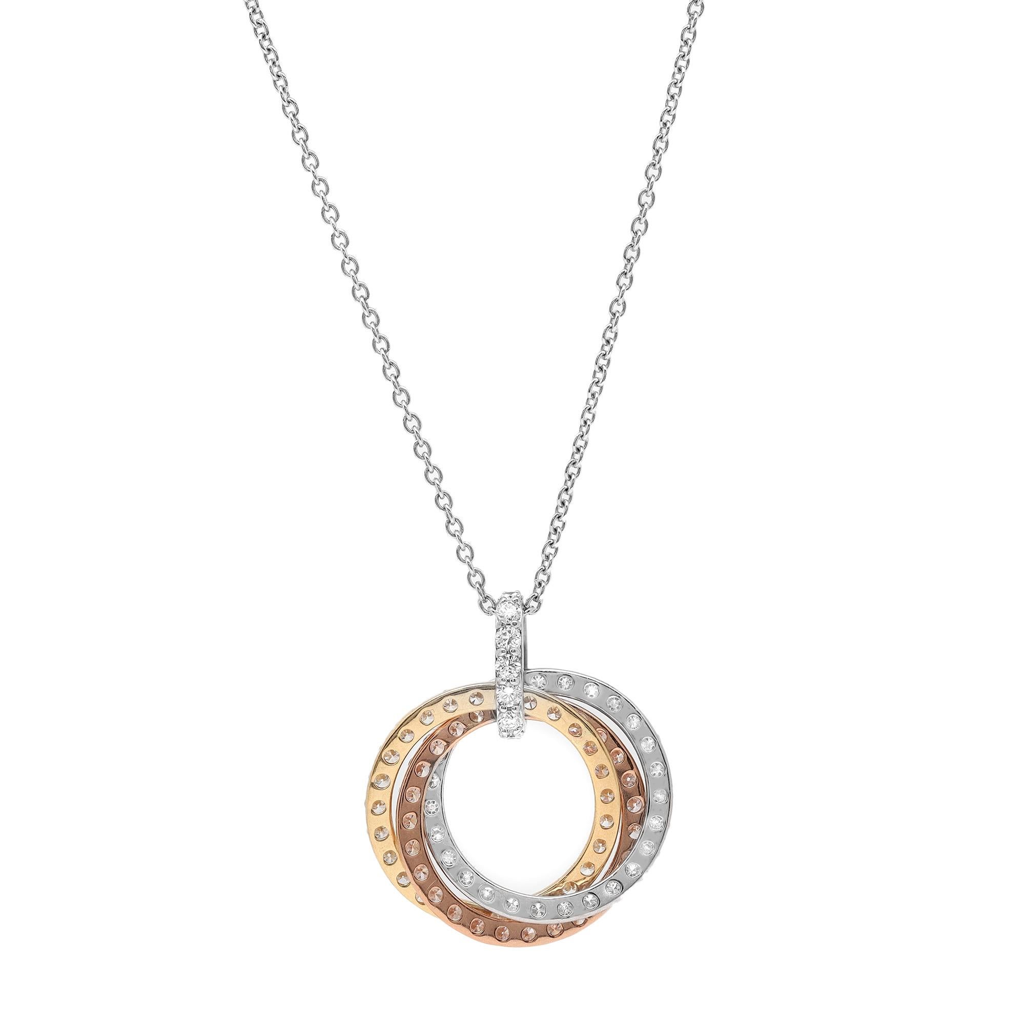Moderne Collier pendentif en or 18 carats avec diamants ronds de 3,02 carats, trois tons de diamants multicolores en vente