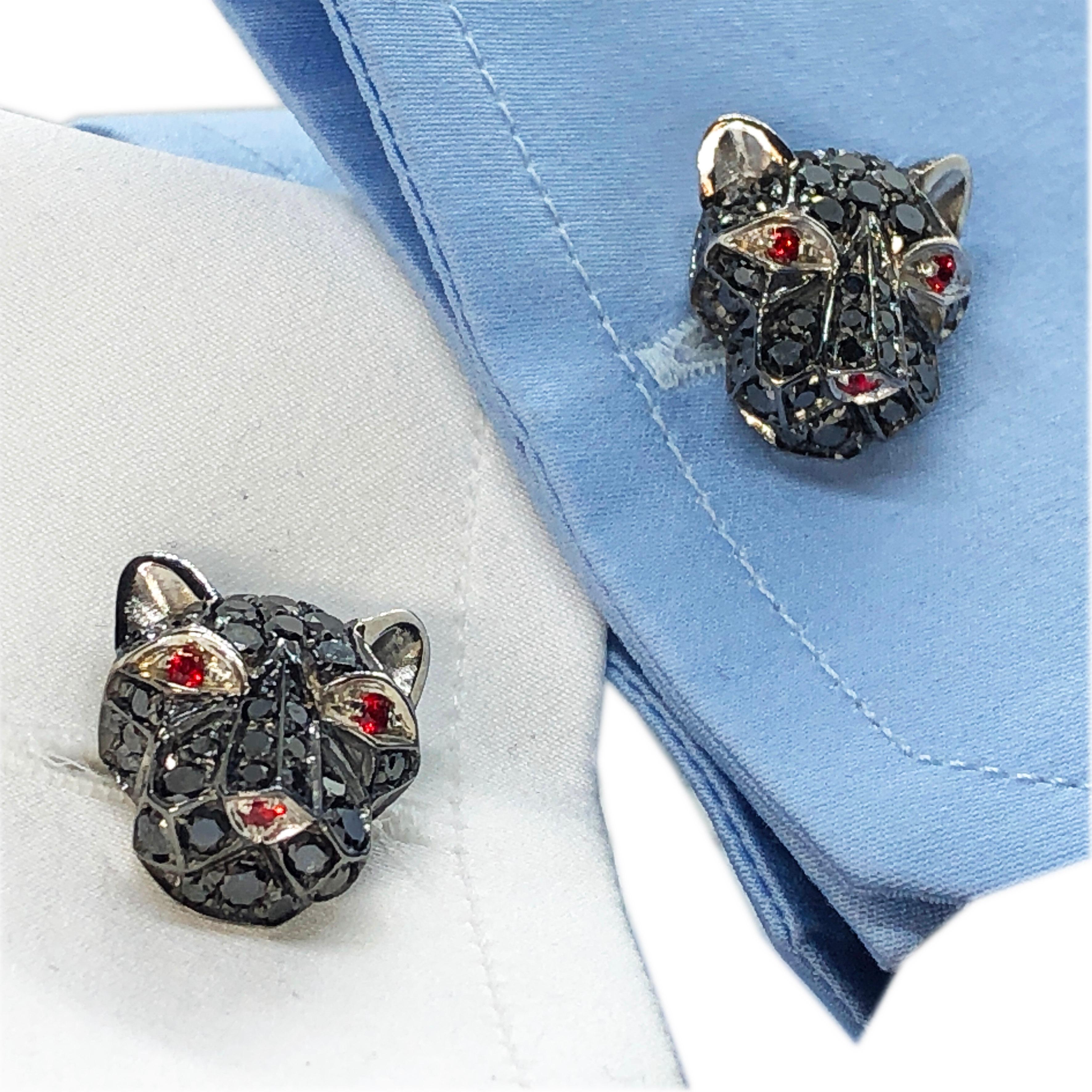 3.02Kt Black Diamond 0.32Kt Ruby Eyes Nose Cougar Head Shaped Gold Cufflinks In New Condition In Valenza, IT