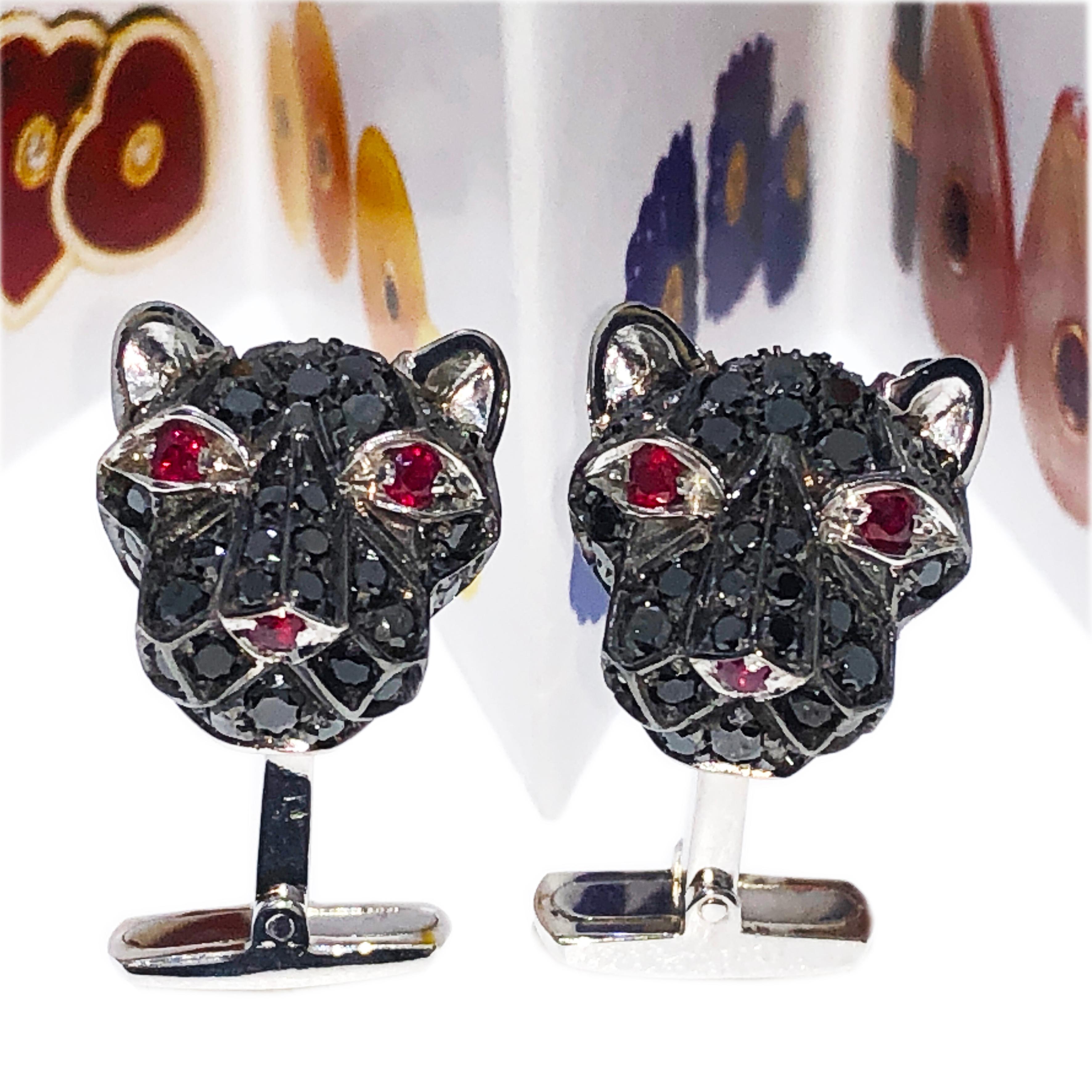 Men's 3.02Kt Black Diamond 0.32Kt Ruby Eyes Nose Cougar Head Shaped Gold Cufflinks