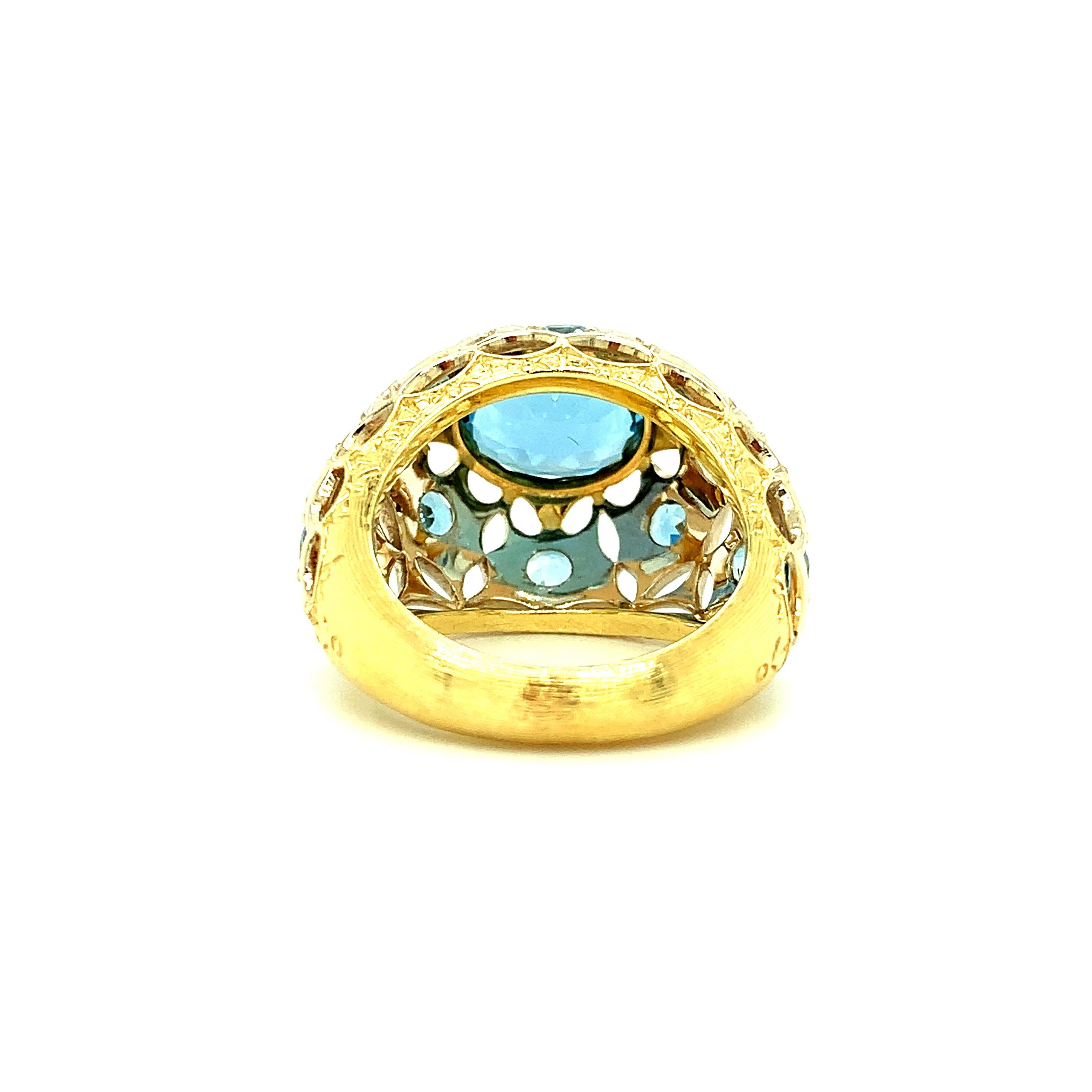 Artisan 3.03 Carat Aquamarine Oval, Yellow Gold Handmade Florentine Lace Dome Ring