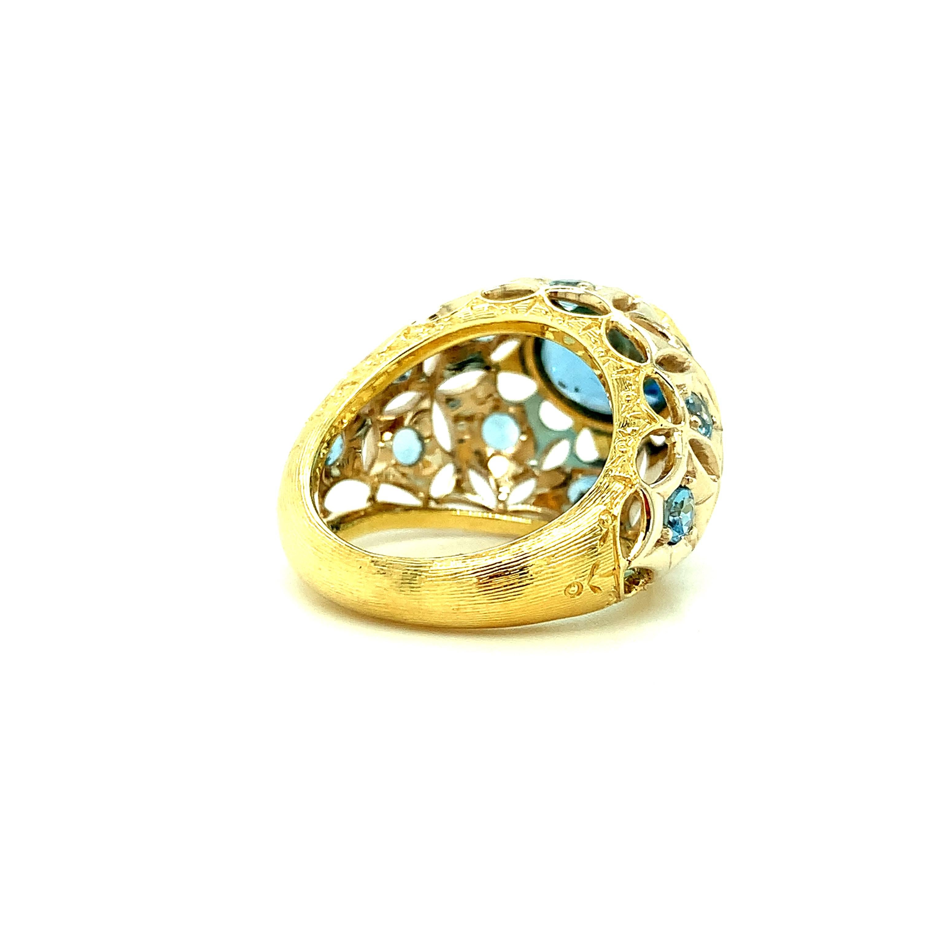 Oval Cut 3.03 Carat Aquamarine Oval, Yellow Gold Handmade Florentine Lace Dome Ring