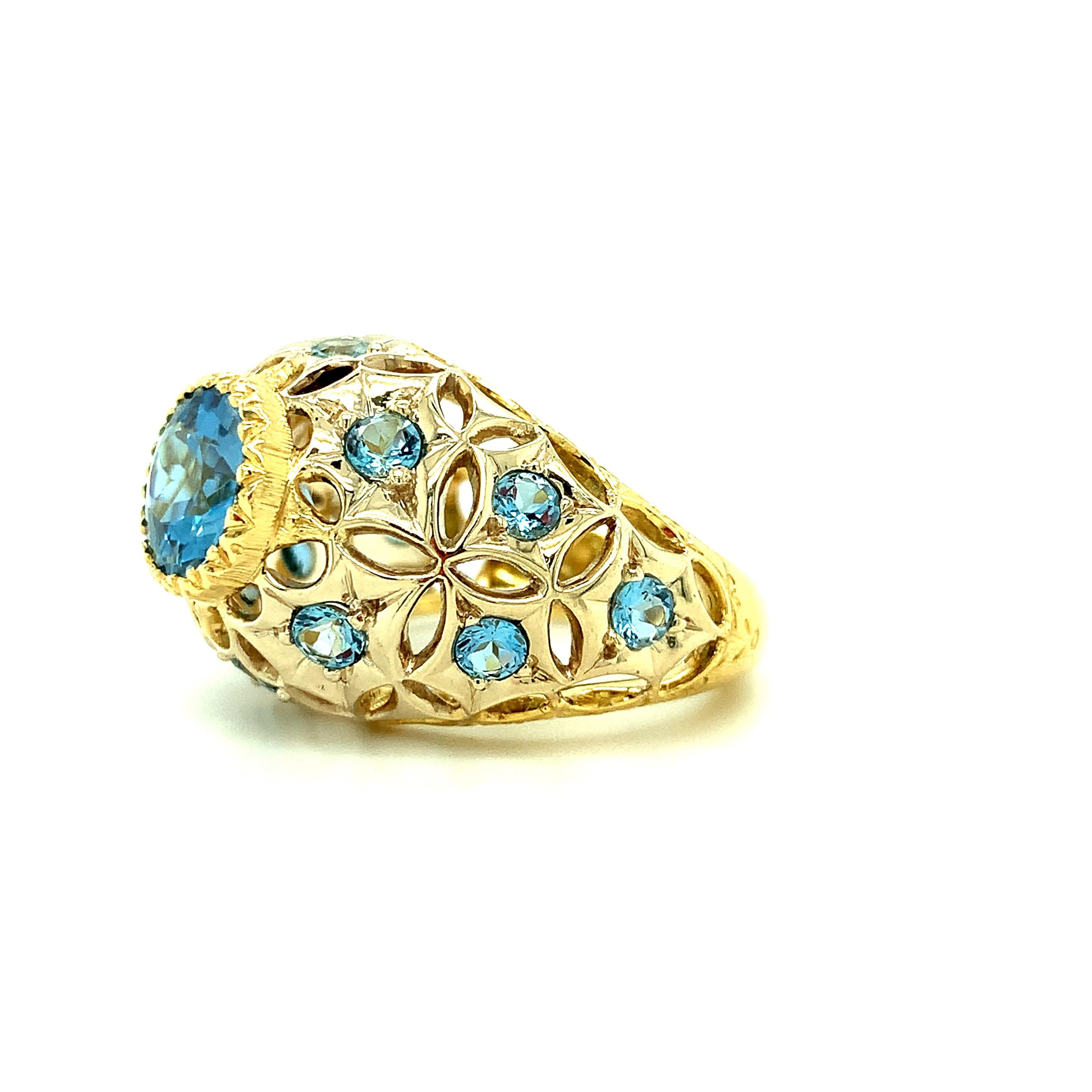 3.03 Carat Aquamarine Oval, Yellow Gold Handmade Florentine Lace Dome Ring In New Condition In Los Angeles, CA