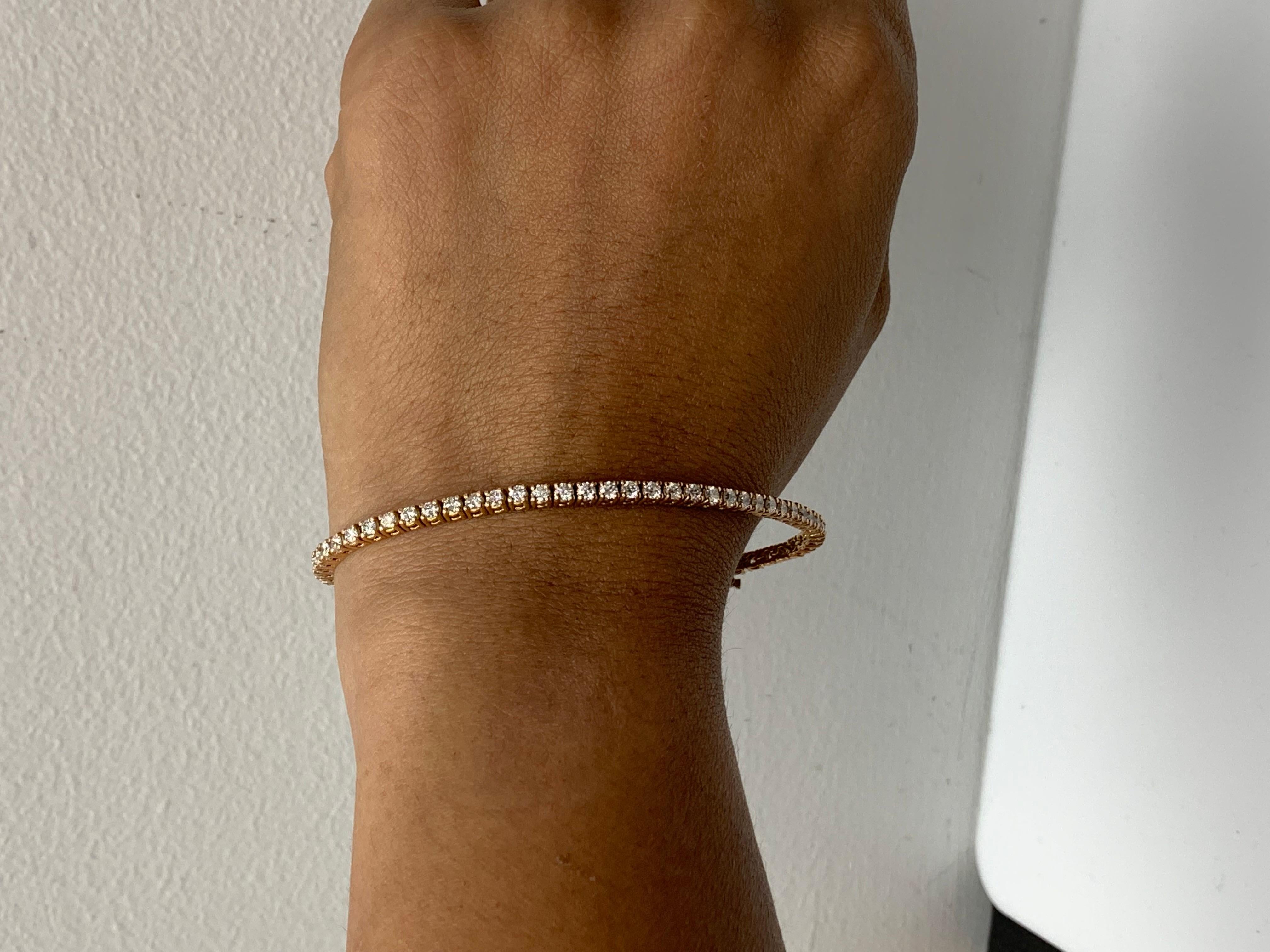Women's 3.03 Carat Brilliant Cut Round Diamond Tennis Bracelet in 14K Rose Gold For Sale