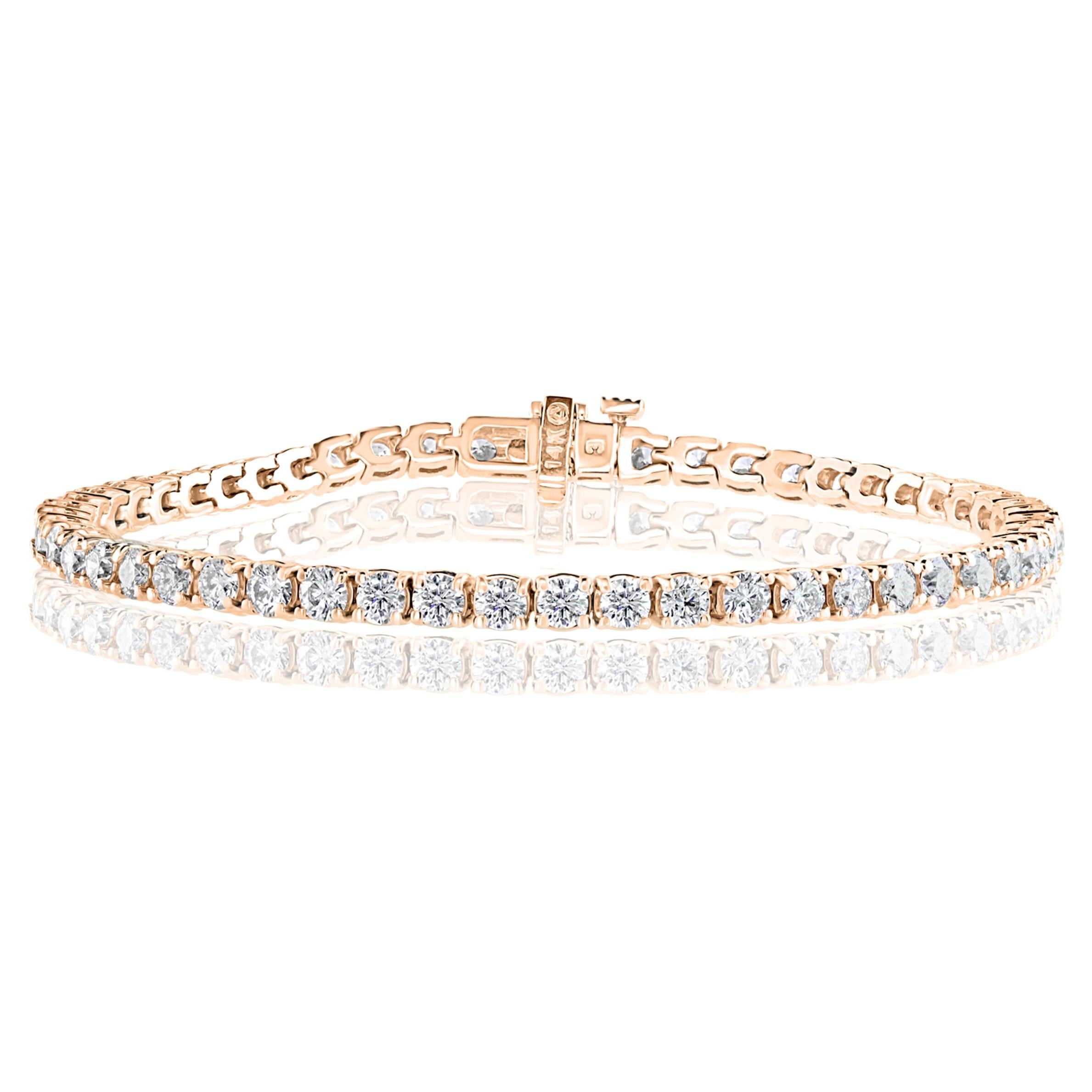 Bracelet de tennis en or rose 14 carats avec diamant rond taillé en brillant de 3,03 carats