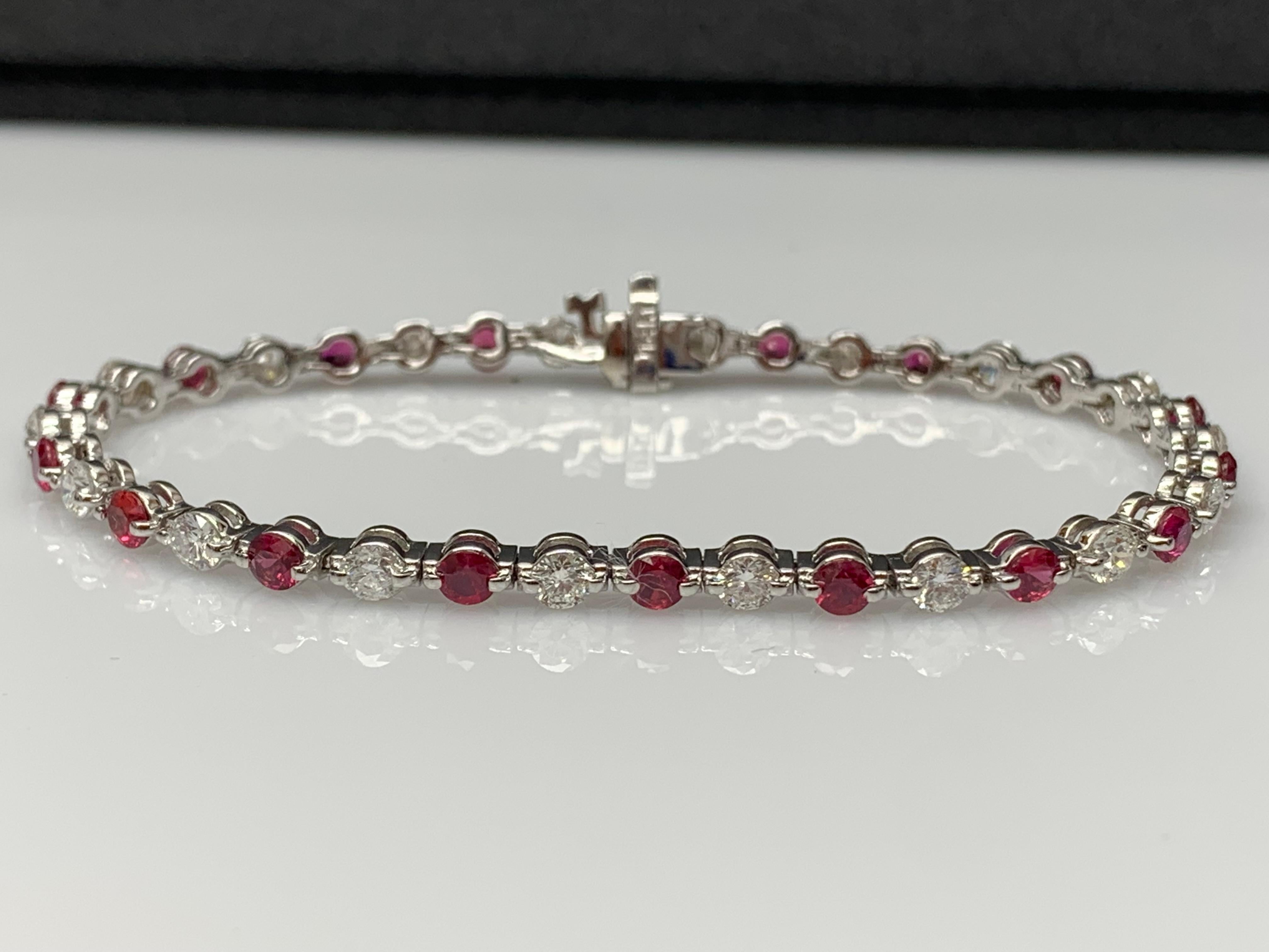 Round Cut 3.03 Carat Brilliant cut Ruby and Diamond Bracelet in 14k White Gold For Sale