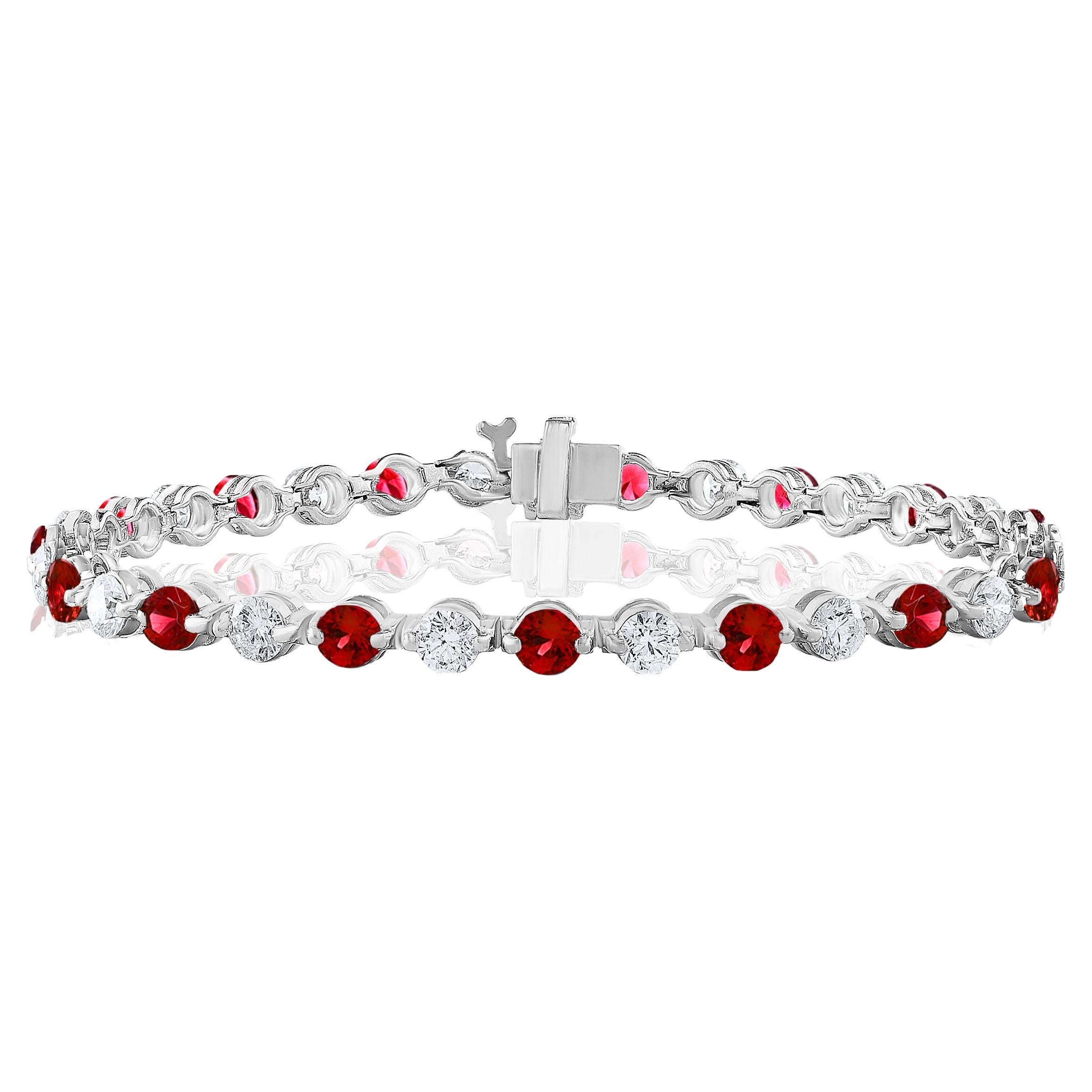 Bracelet en or blanc 14k avec rubis et diamants de 3,03 carats à taille brillante