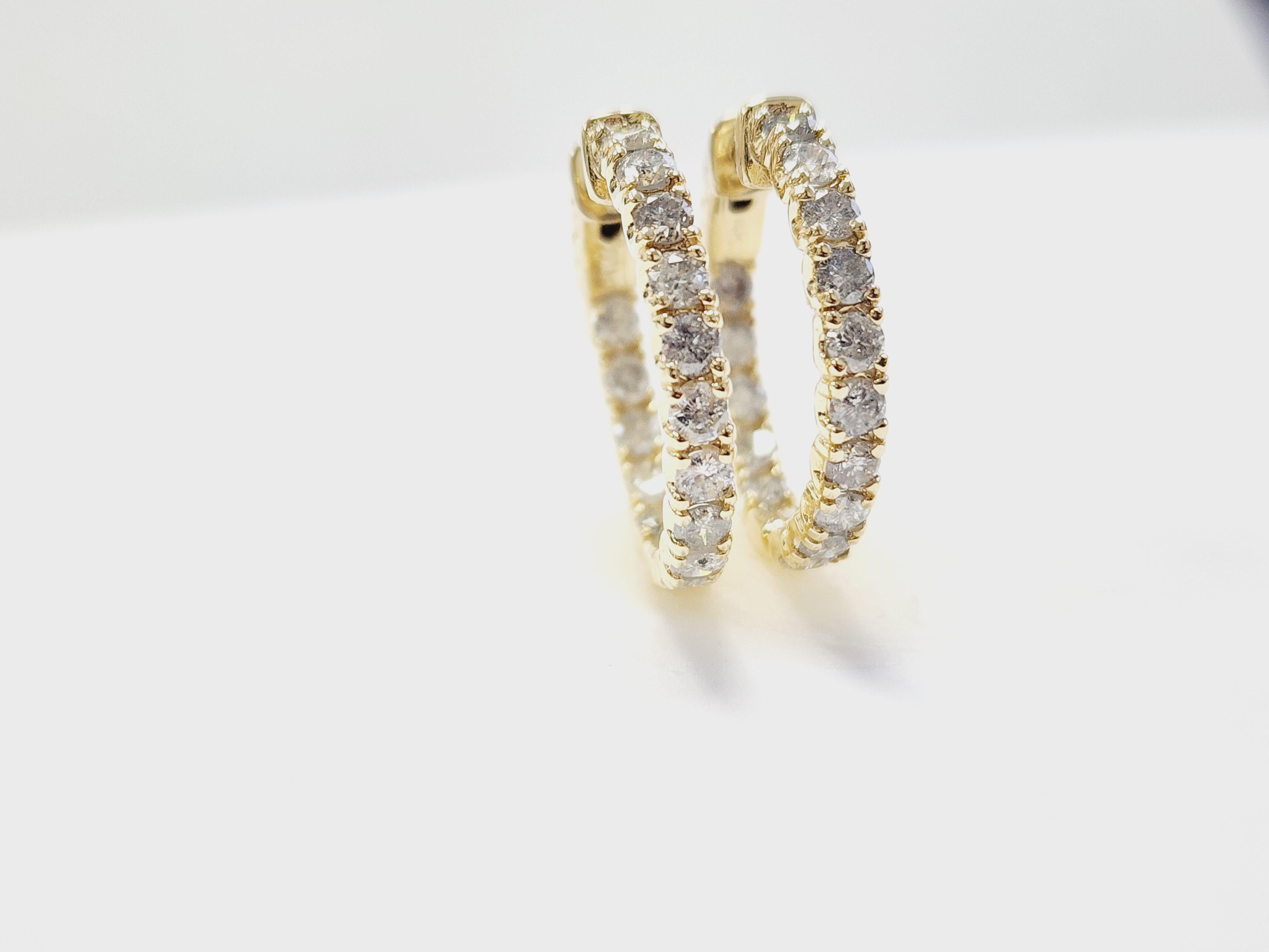 3.03 Carat Natural Diamond Hoops Earrings 14 Karat Yellow Gold 10