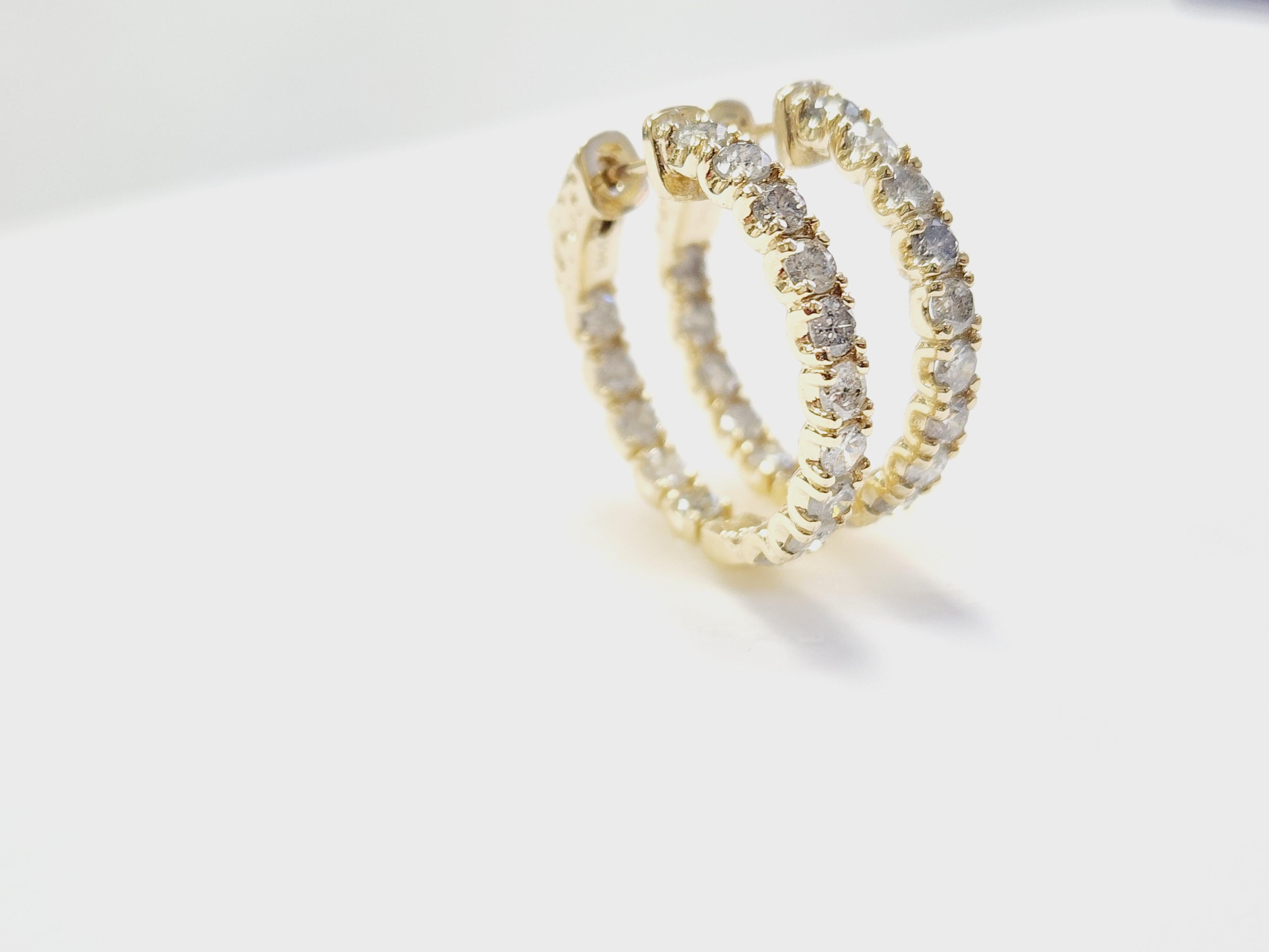 3.03 Carat Natural Diamond Hoops Earrings 14 Karat Yellow Gold 11