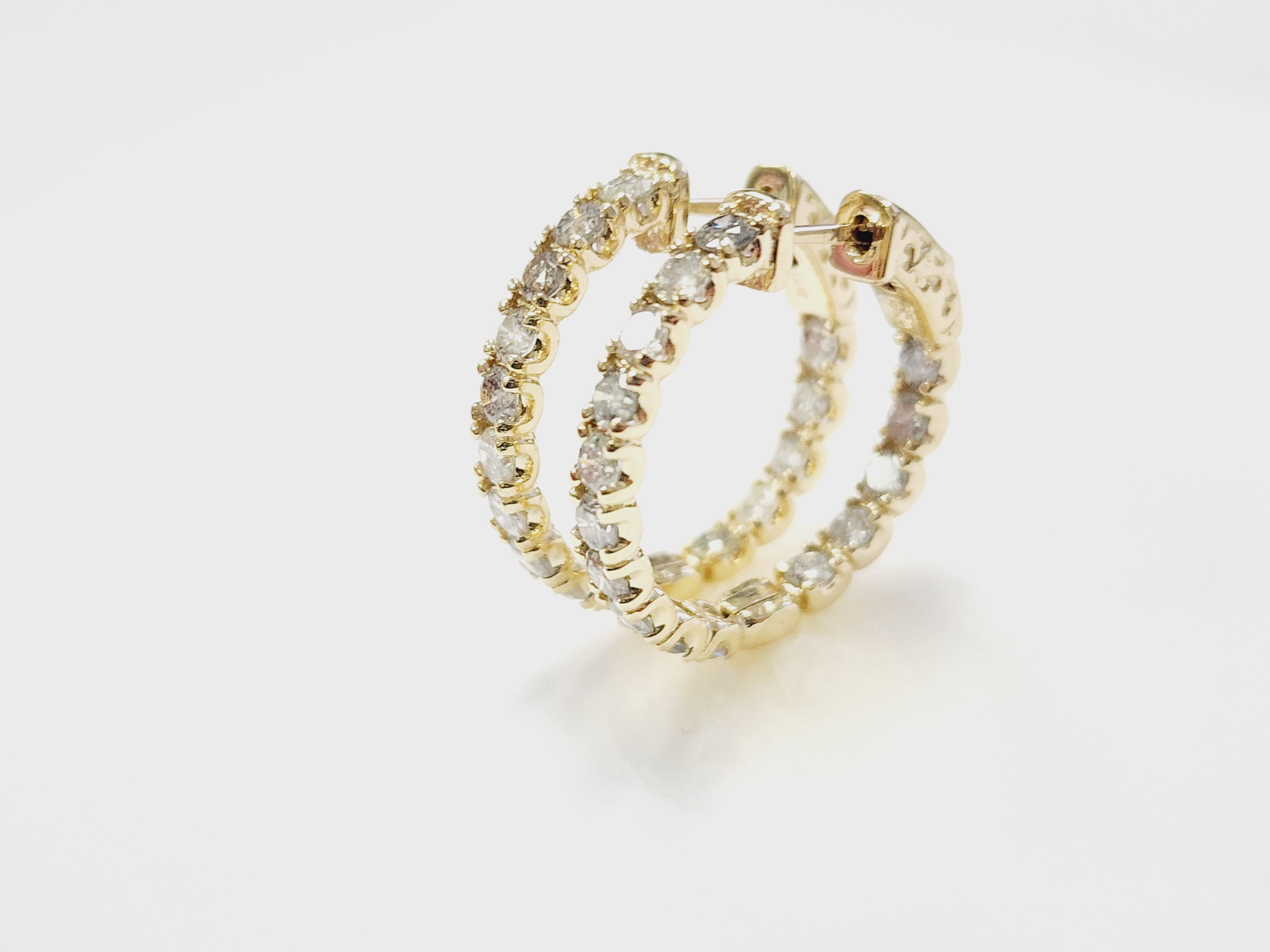 3.03 Carat Natural Diamond Hoops Earrings 14 Karat Yellow Gold 3