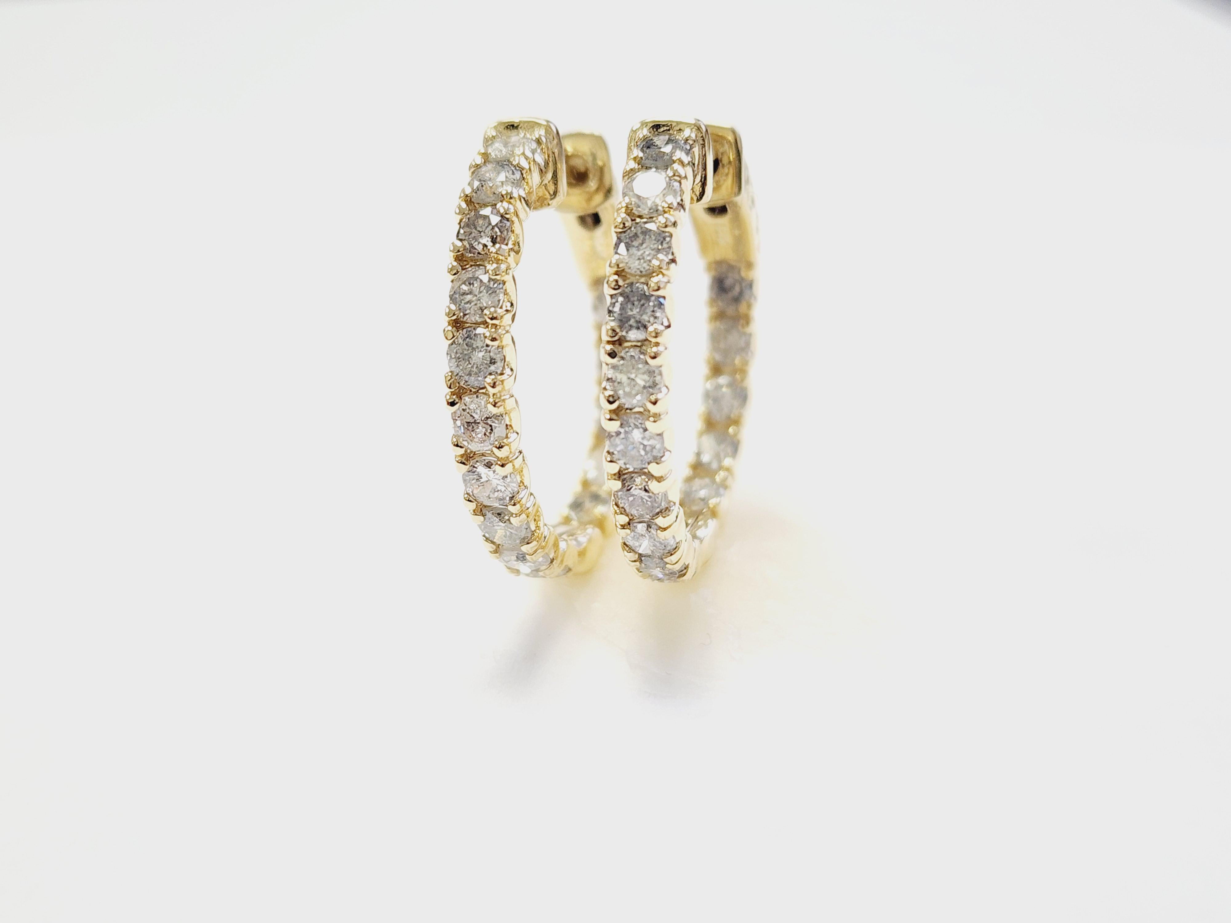 3.03 Carat Natural Diamond Hoops Earrings 14 Karat Yellow Gold 4